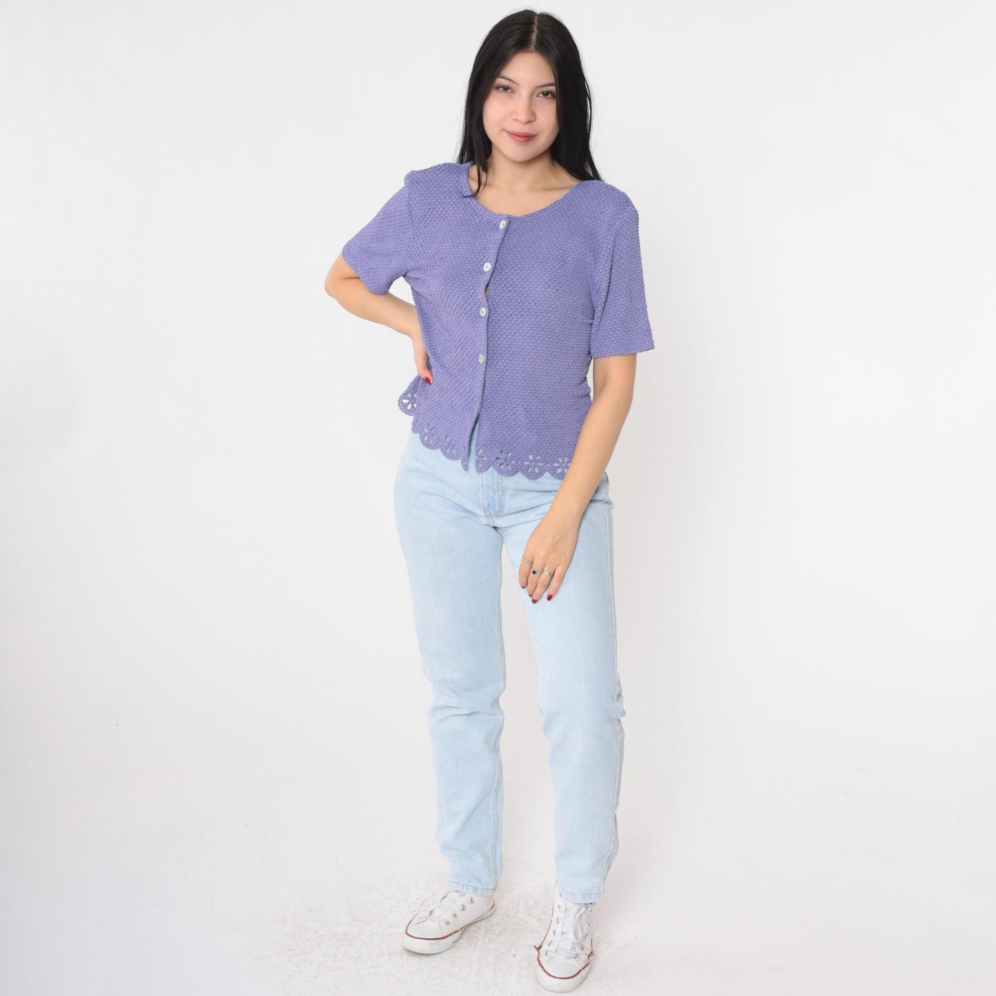 90s Lavender Cutwork Cardigan Sheer Knit Floral Cutout Button-Up Medium