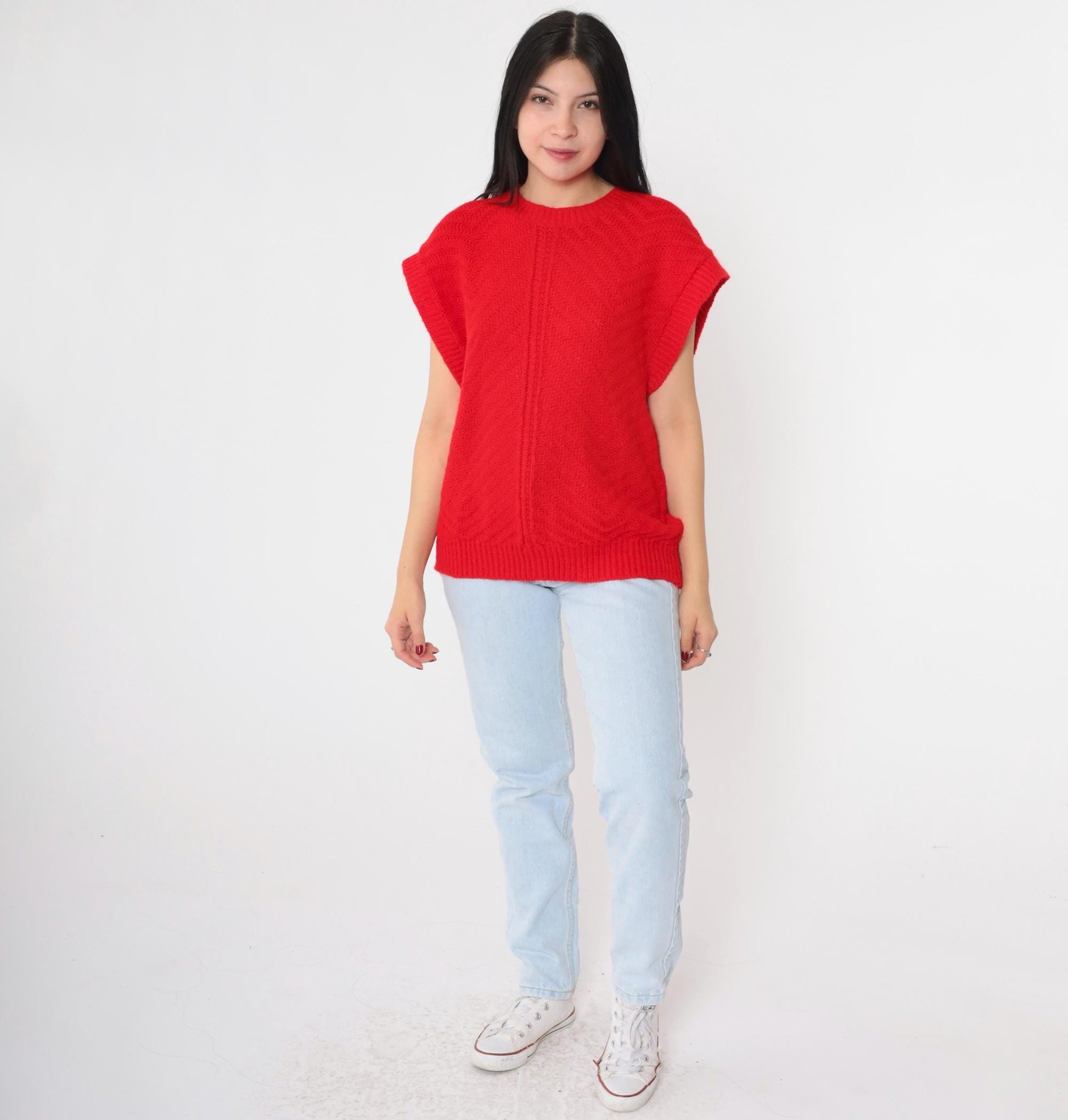 80s Fortune Knits Red Chevron Knit Top Cap Sleeve Medium