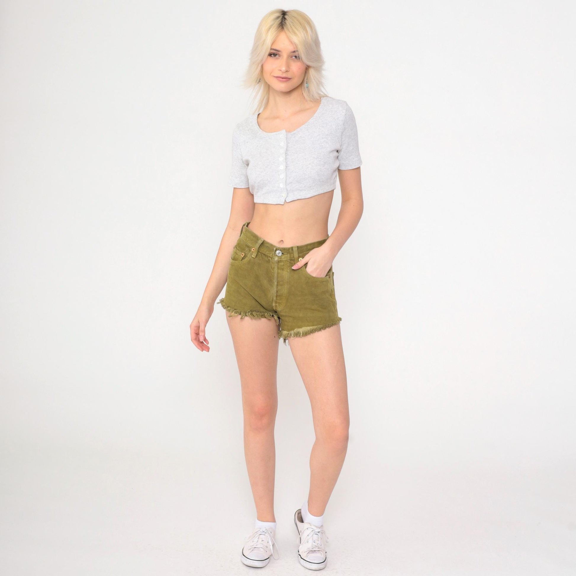 90s Levi's 501 Olive Denim Cutoff Shorts High Waist Frayed Extra Small
