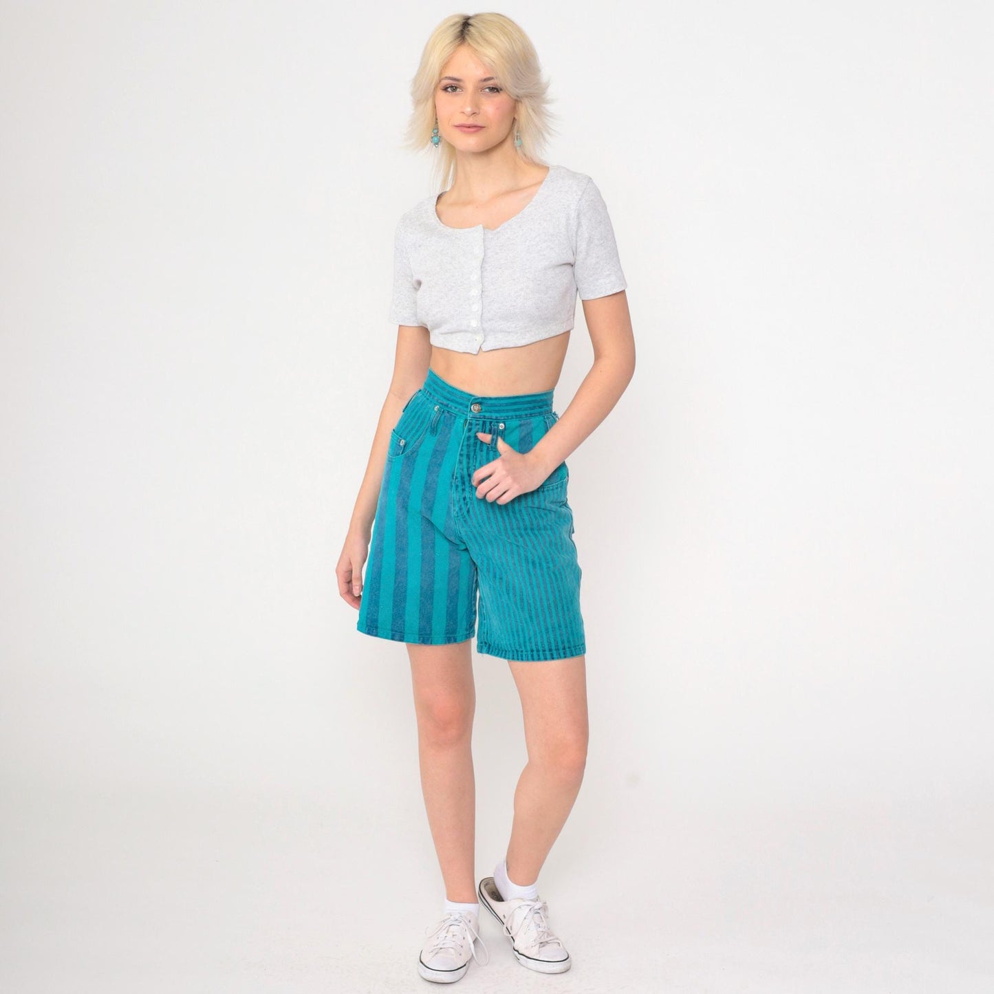 90s Swagger Jeans Striped Denim Shorts High Rise Turquoise Blue Extra Small