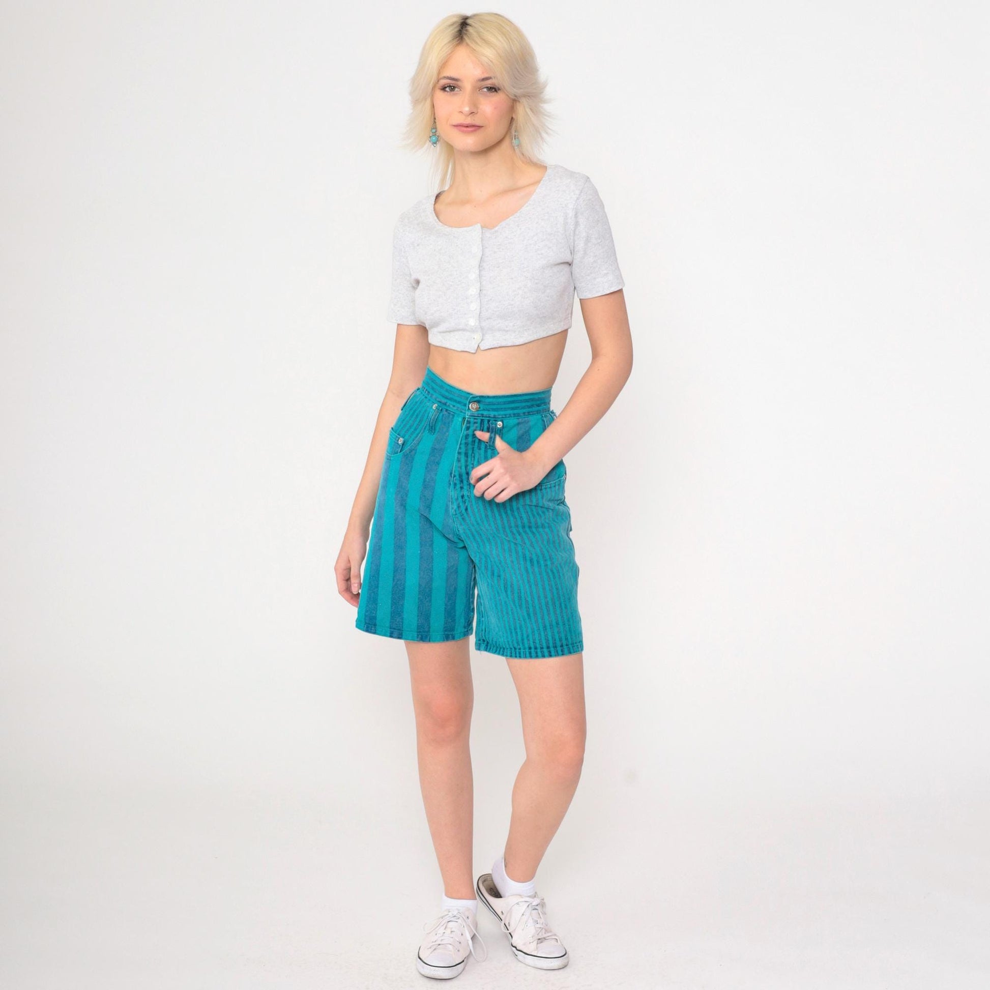90s Swagger Jeans Striped Denim Shorts High Rise Turquoise Blue Extra Small