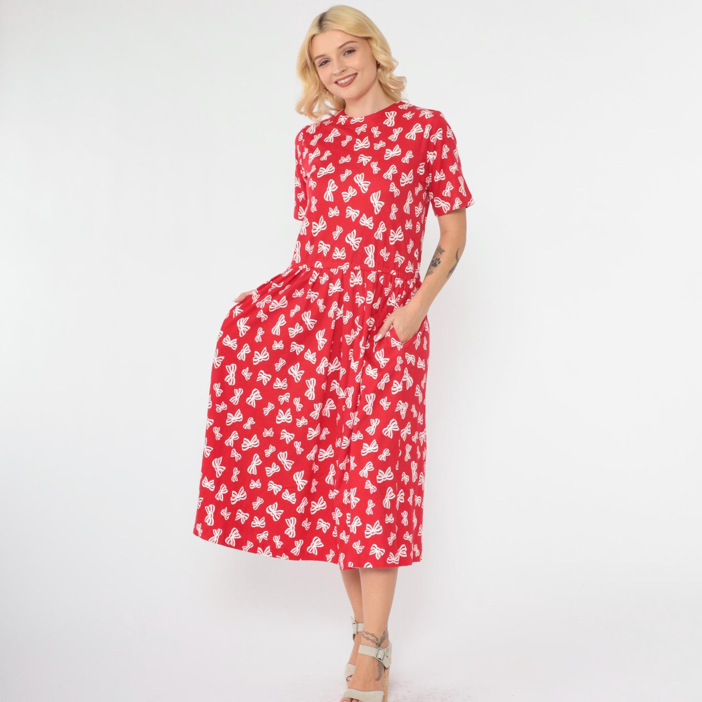 90s Talbots Red Bow Print Midi Dress Pleated Button Back Small