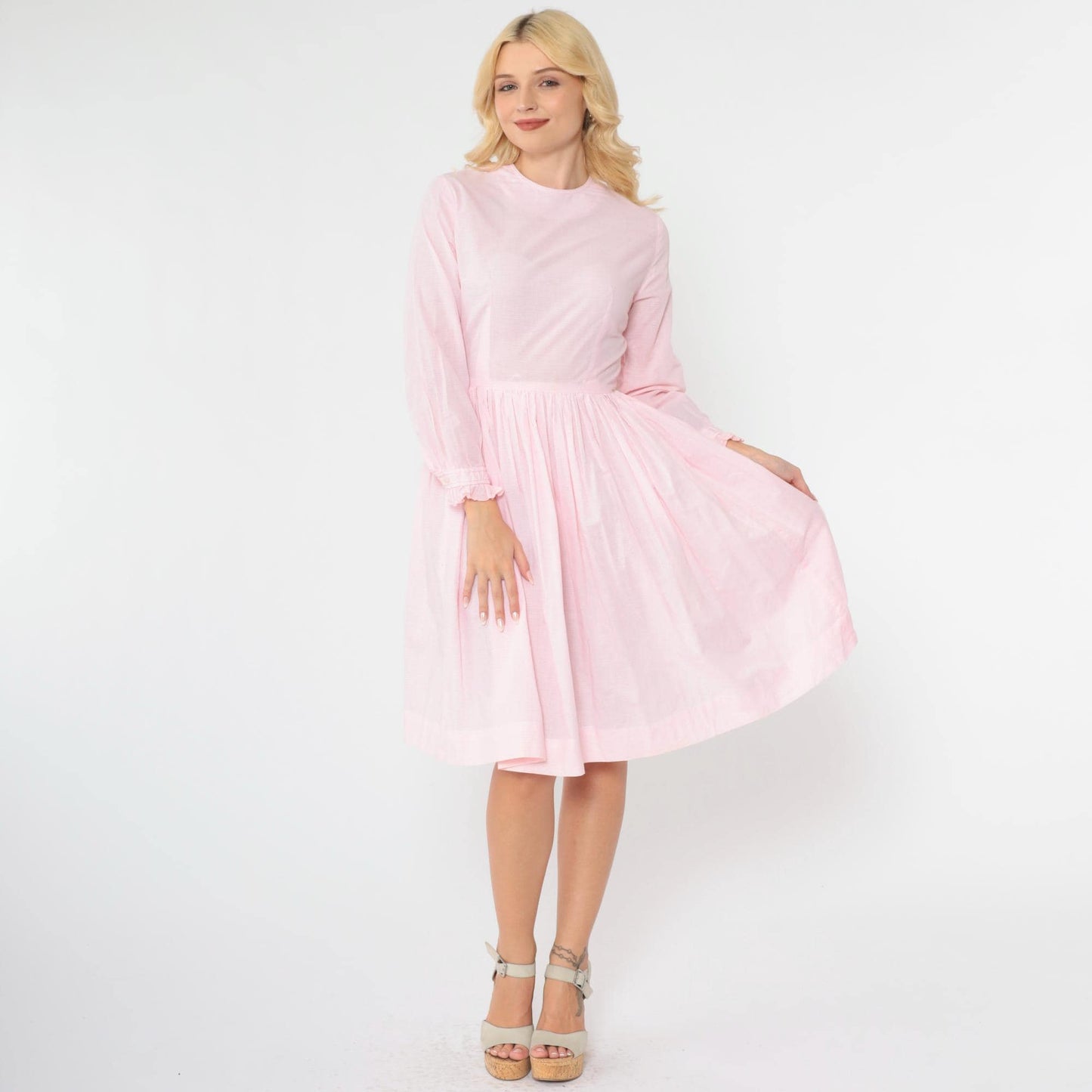 1960s Pink Checkered Dress High Waist Ruffled Long Sleeve Knee Length Extra Small