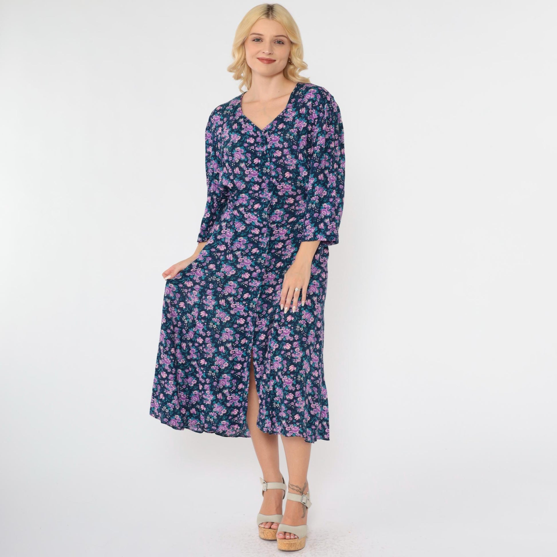 90s Purple Blue Floral Midi Dress Button Up Long Sleeve Large