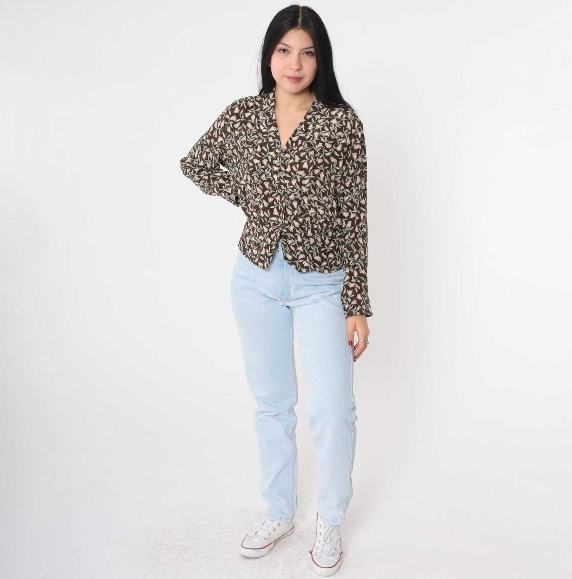 90s Carole Little Floral Button-Up Blouse Brown Peplum Petite Medium