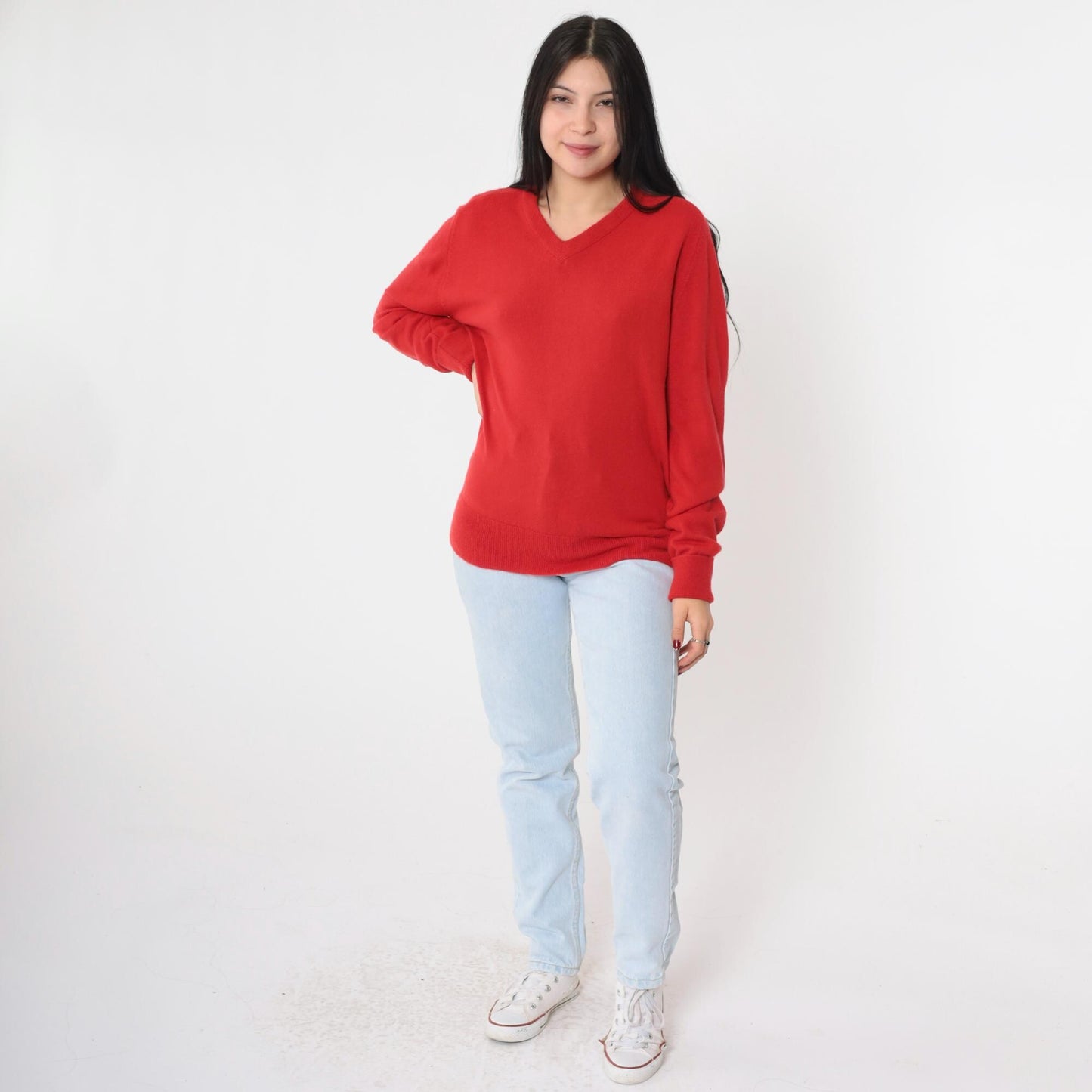 80s Monterey Knits Red V-Neck Pullover Sweater Medium Large