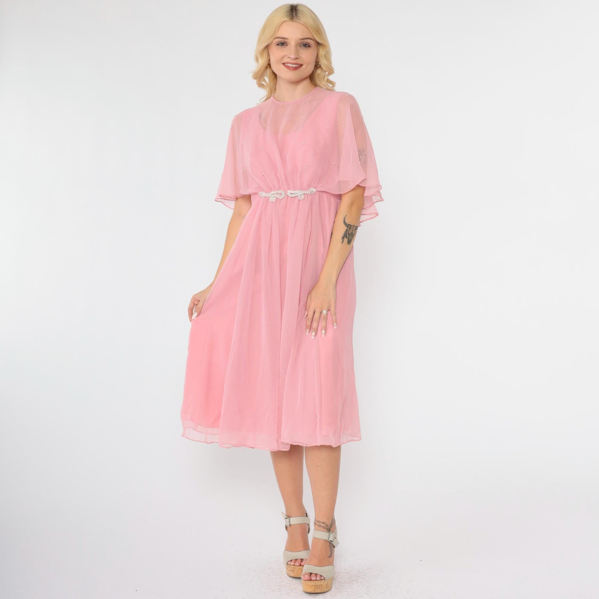 70s Pink Chiffon Midi Dress Pearl Beaded Capelet Flutter Sleeve Medium