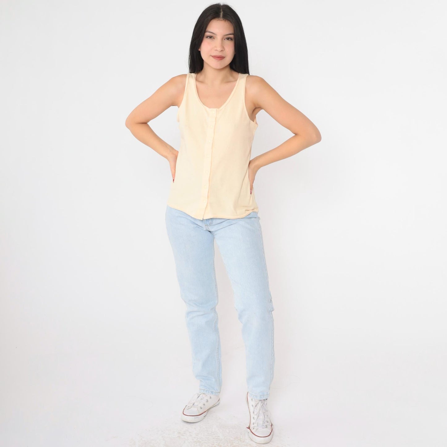 90s Peach Snap Button Tank Top Scoop Neck Sleeveless Blouse Medium