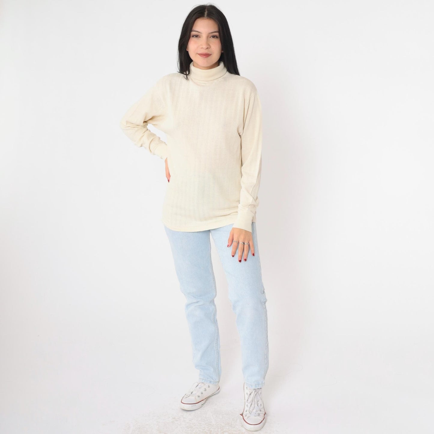 70s Cream Ribbed Turtleneck Long Sleeve Knit Top Medium