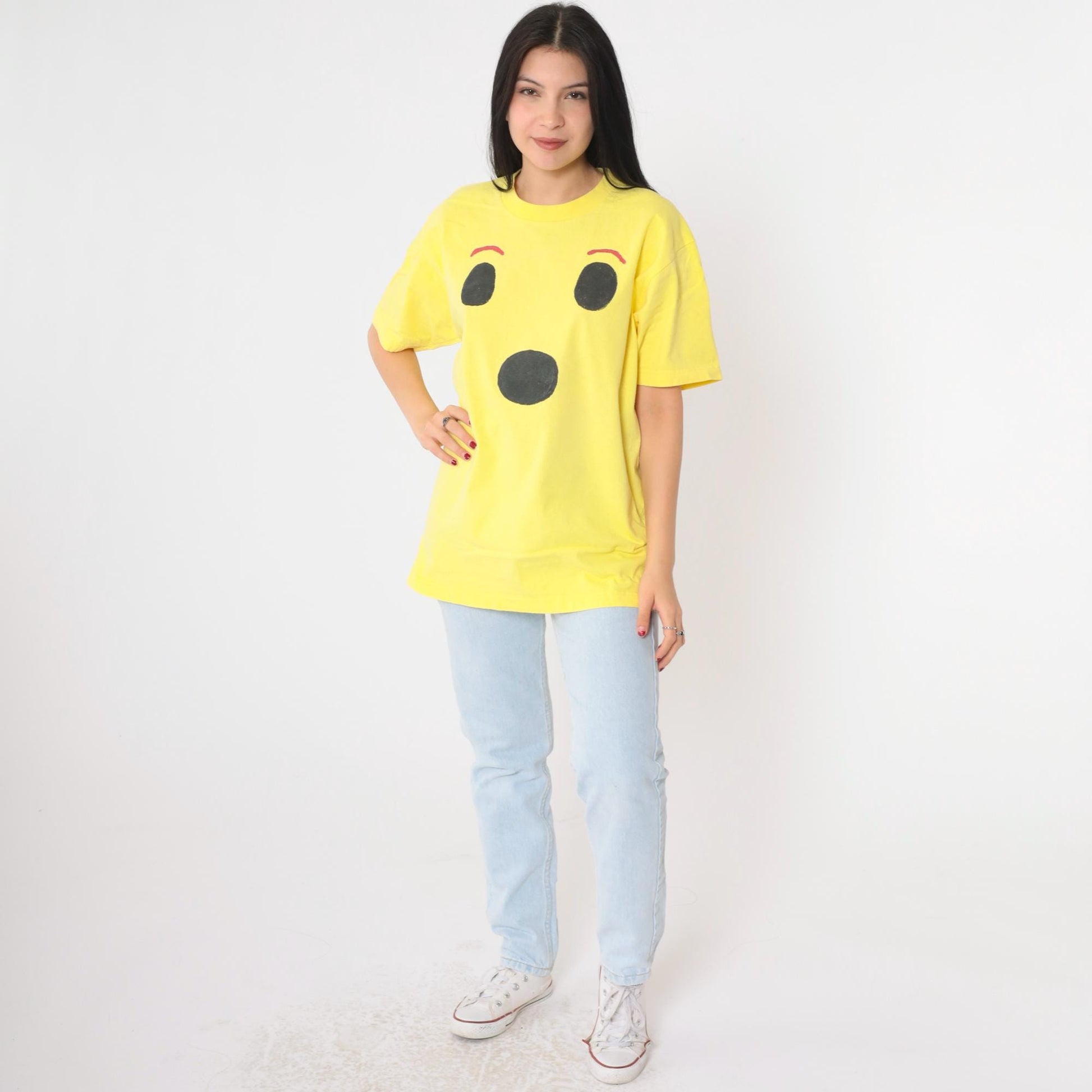 90s Pro Club Surprised Face Graphic Tee Yellow Cotton Crewneck Large