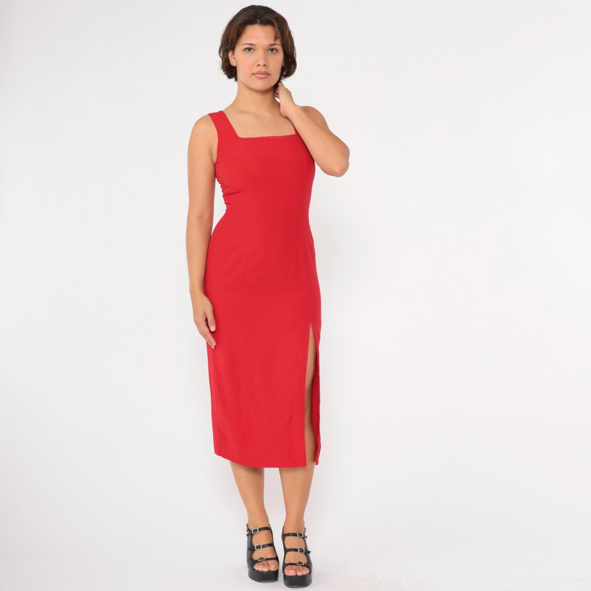 90s Joseph Ribkoff Red Midi Sheath Dress Cage Back Square Neck Small 4