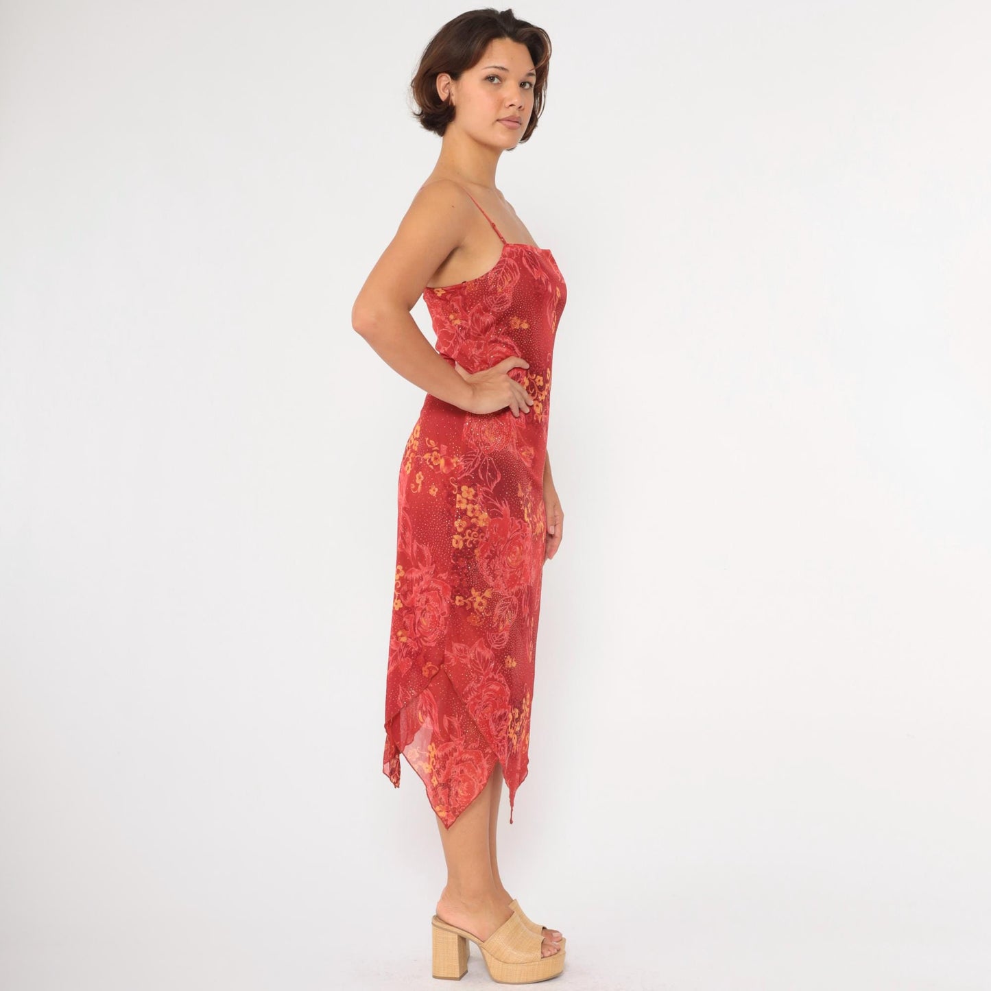 Y2K Red Floral Sparkle Chiffon Hanky Hem Midi Dress Medium