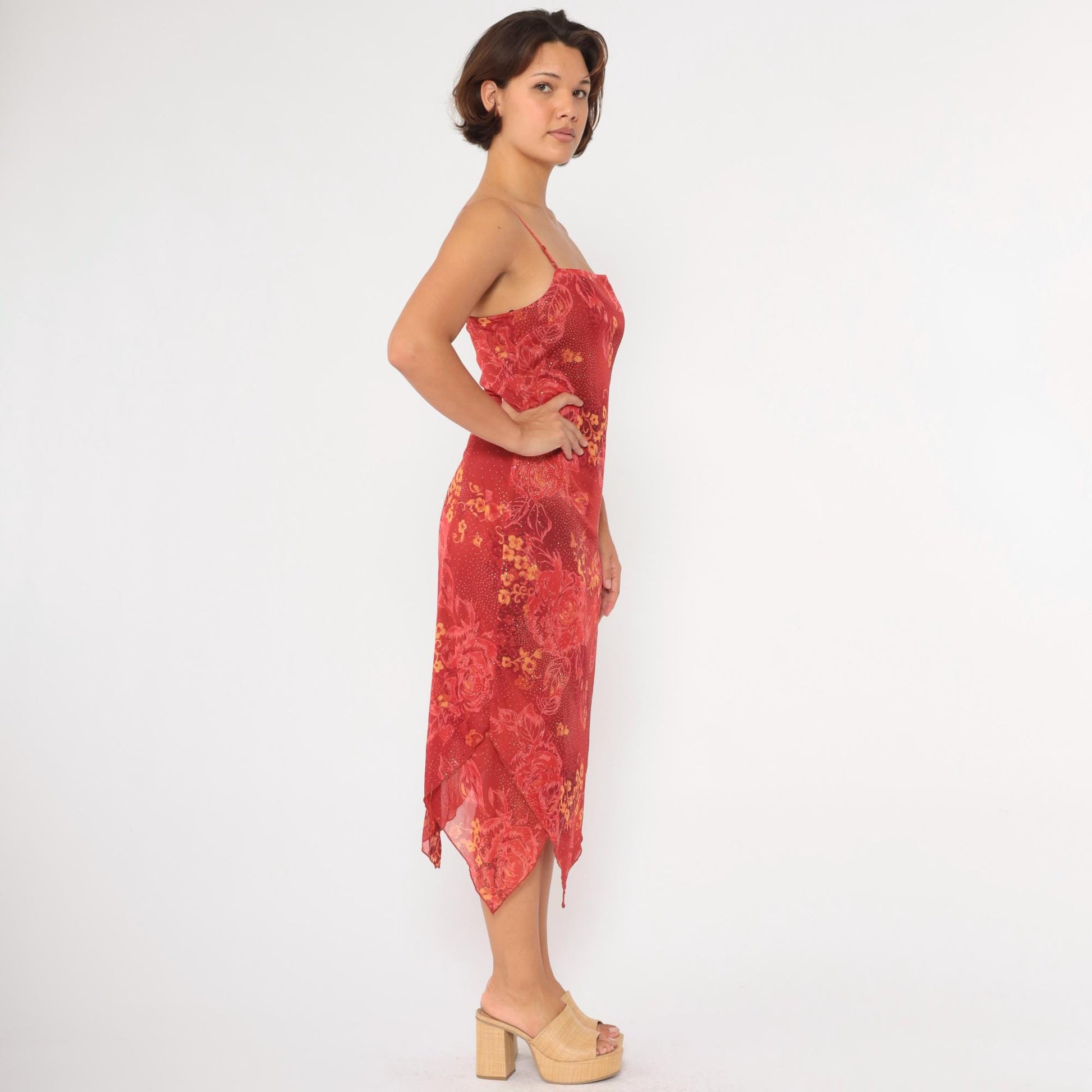 Y2K Red Floral Sparkle Chiffon Hanky Hem Midi Dress Medium