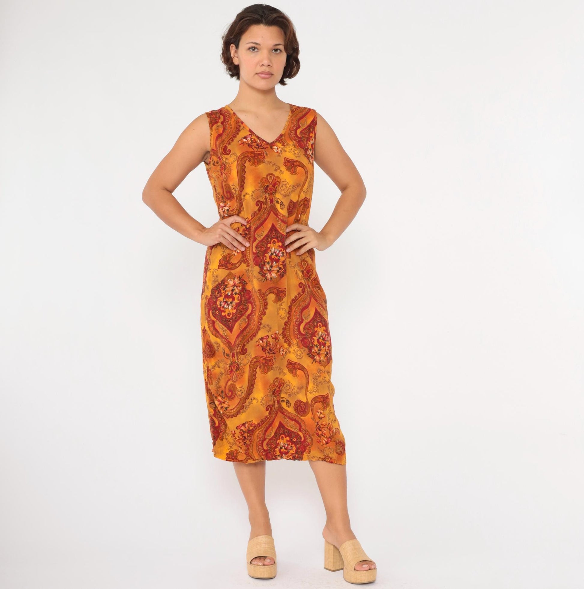 90s Floral Paisley Midi Dress Orange Red Rayon Sleeveless V-Neck Medium