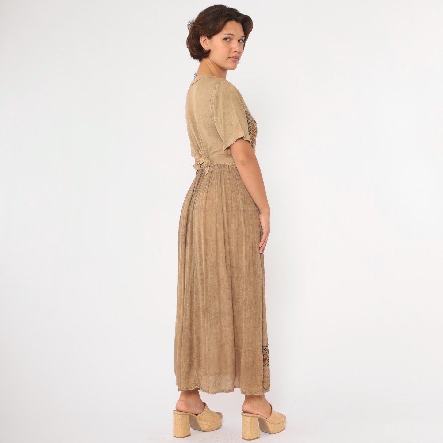 00s M.P.H. Embroidered Floral Maxi Dress Tan Button-Up Crochet Small S