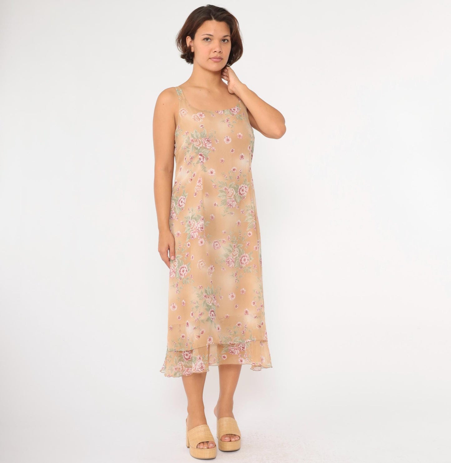 90s Sag Harbor Floral Chiffon Midi Dress Tan Tiered Sleeveless Large 14