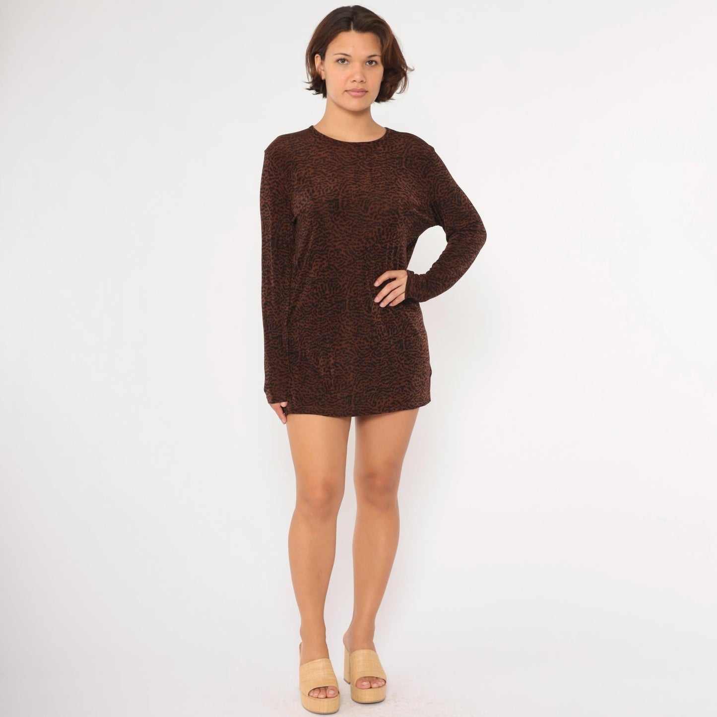 90s Nina Leonard Animal Print Mini Dress Long Sleeve Brown Black Small