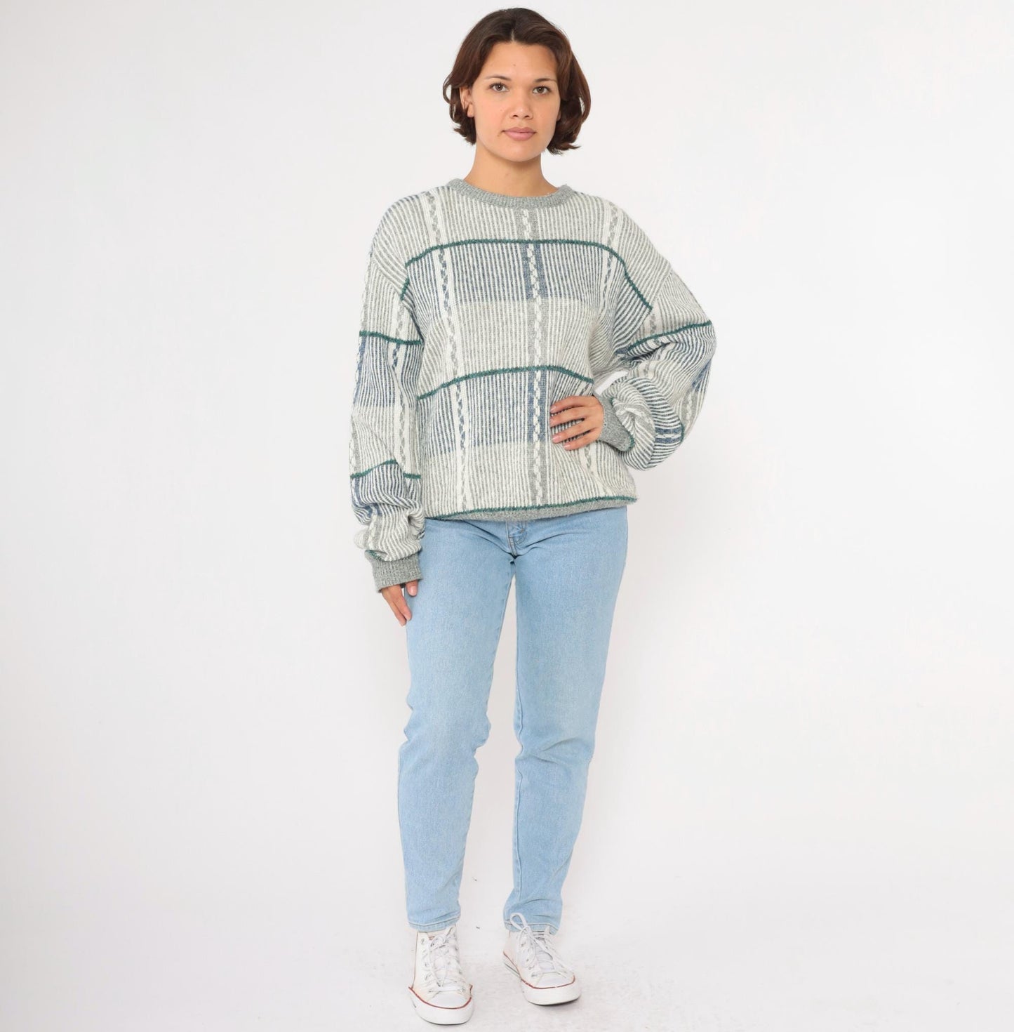 80s Striped Knit Sweater Blue Grey Pullover Extra Large XL