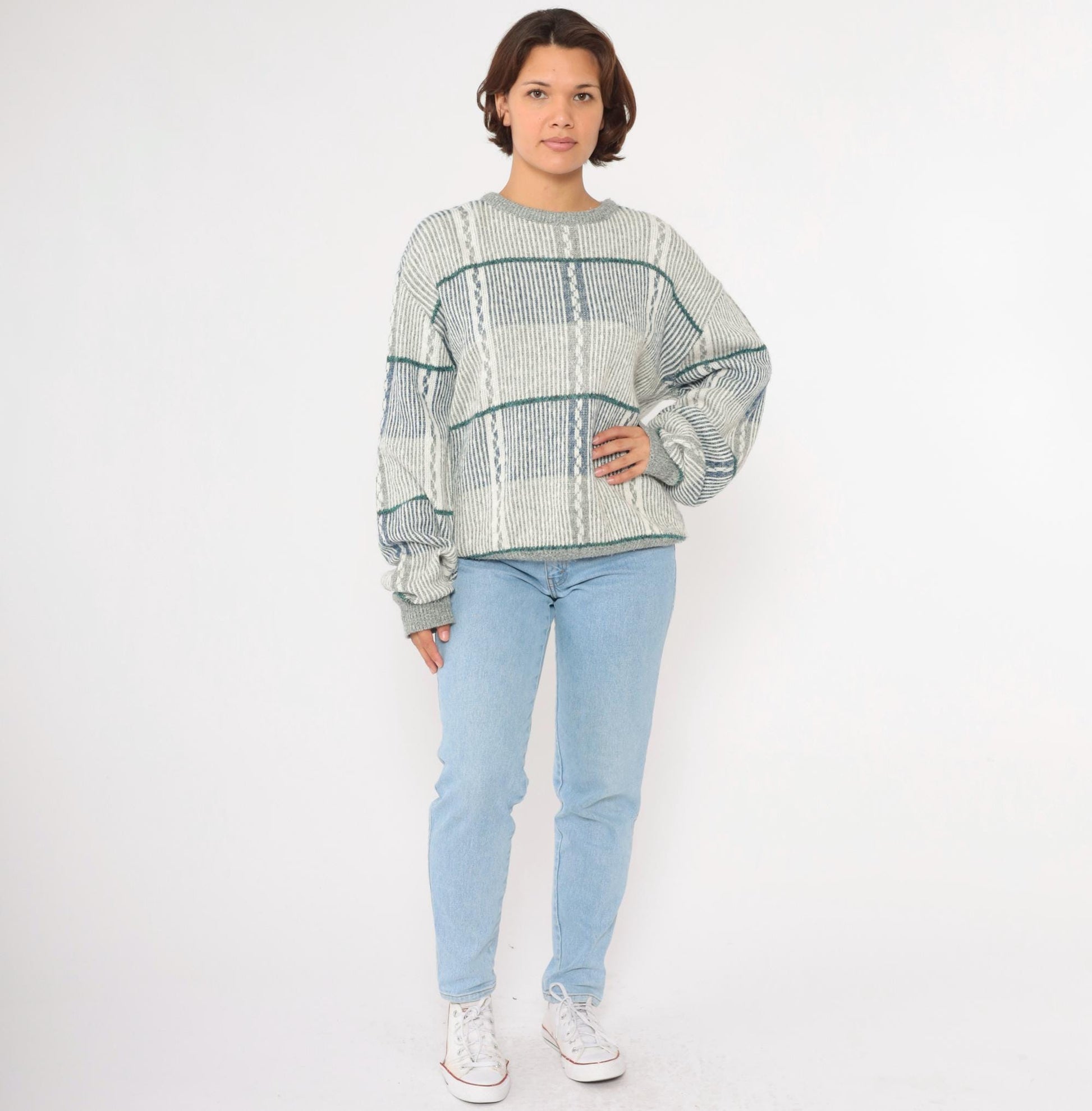 80s Striped Knit Sweater Blue Grey Pullover Extra Large XL