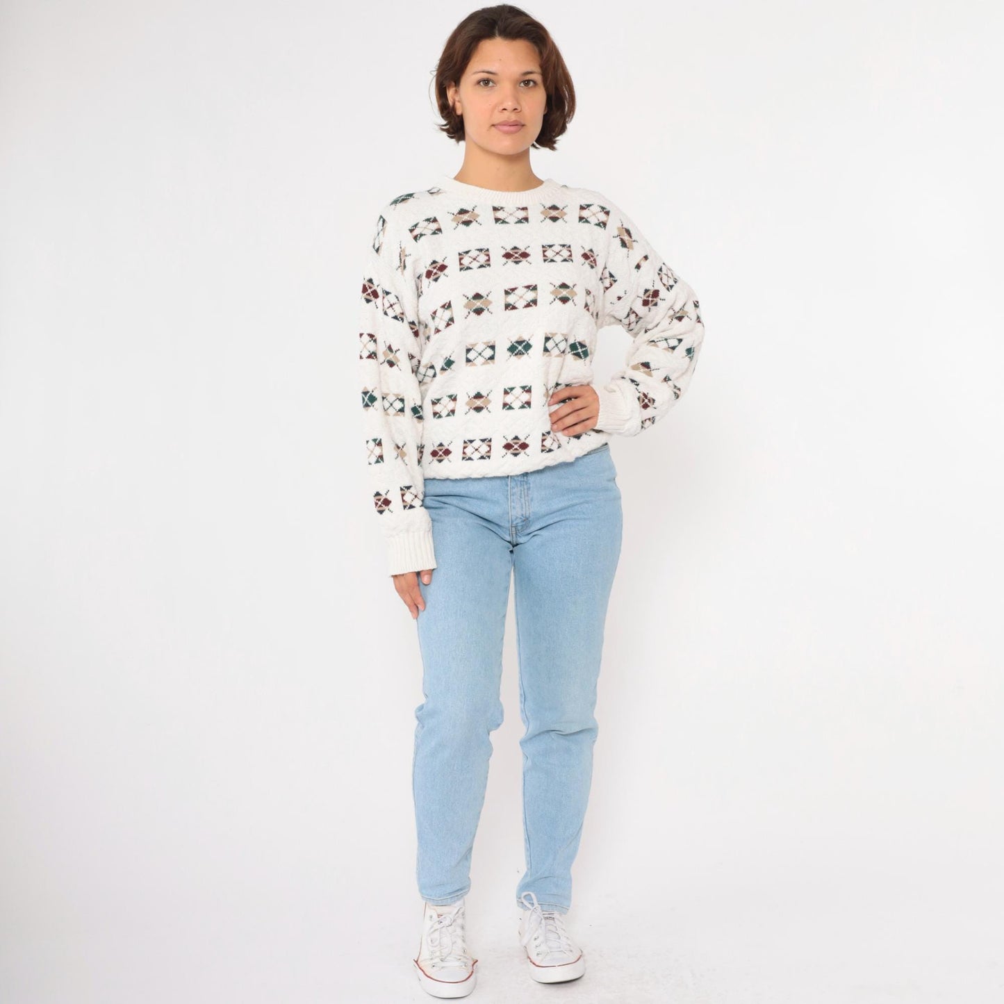 90s Argyle Sweater Off-White Cotton Crewneck Pullover Medium