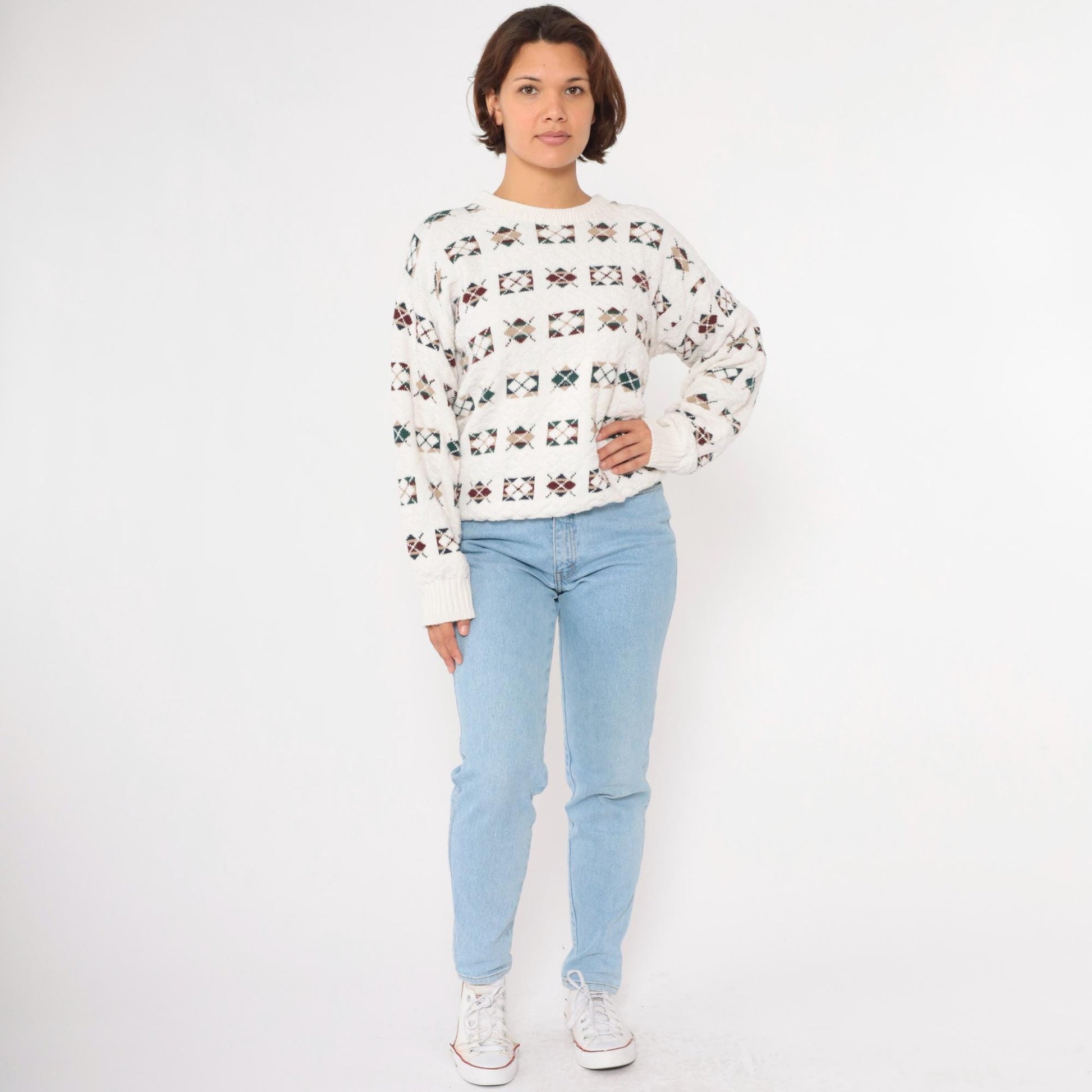 90s Argyle Sweater Off-White Cotton Crewneck Pullover Medium
