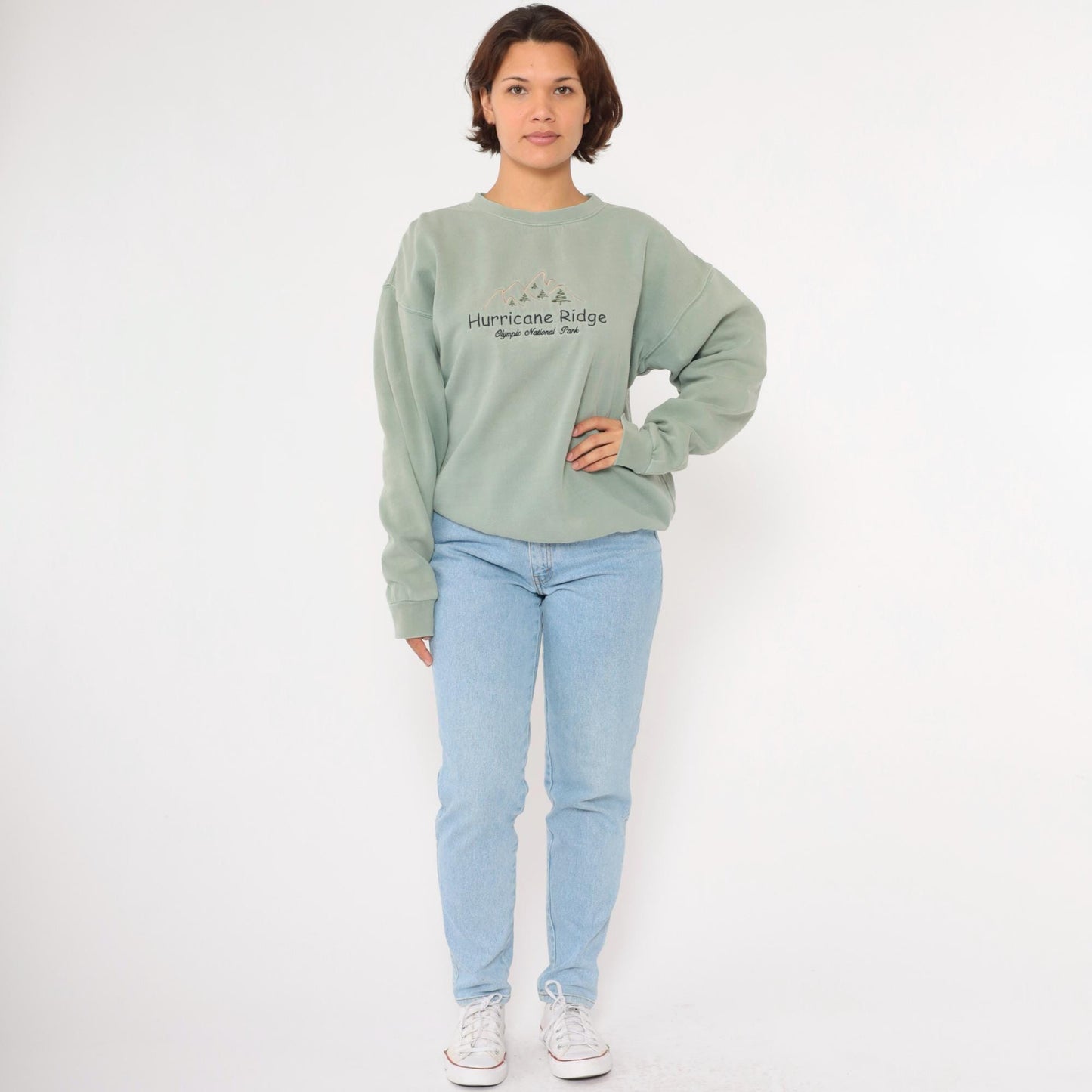 90s Olympic National Park Hurricane Ridge Sage Green Embroidered Sweatshirt Large