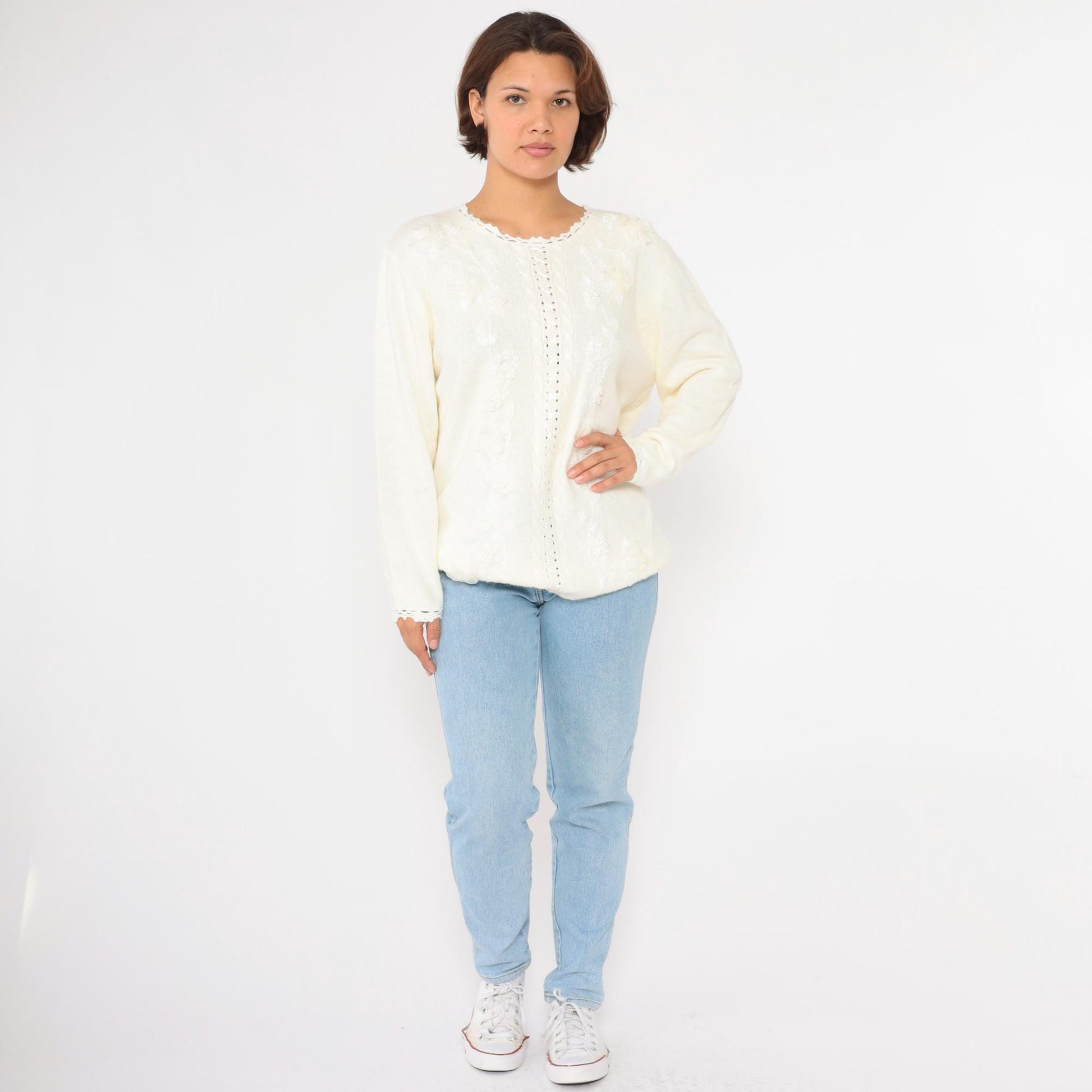 90s Koret White Cable Knit Sweater Floral Embroidered Beaded Crochet Lace Large