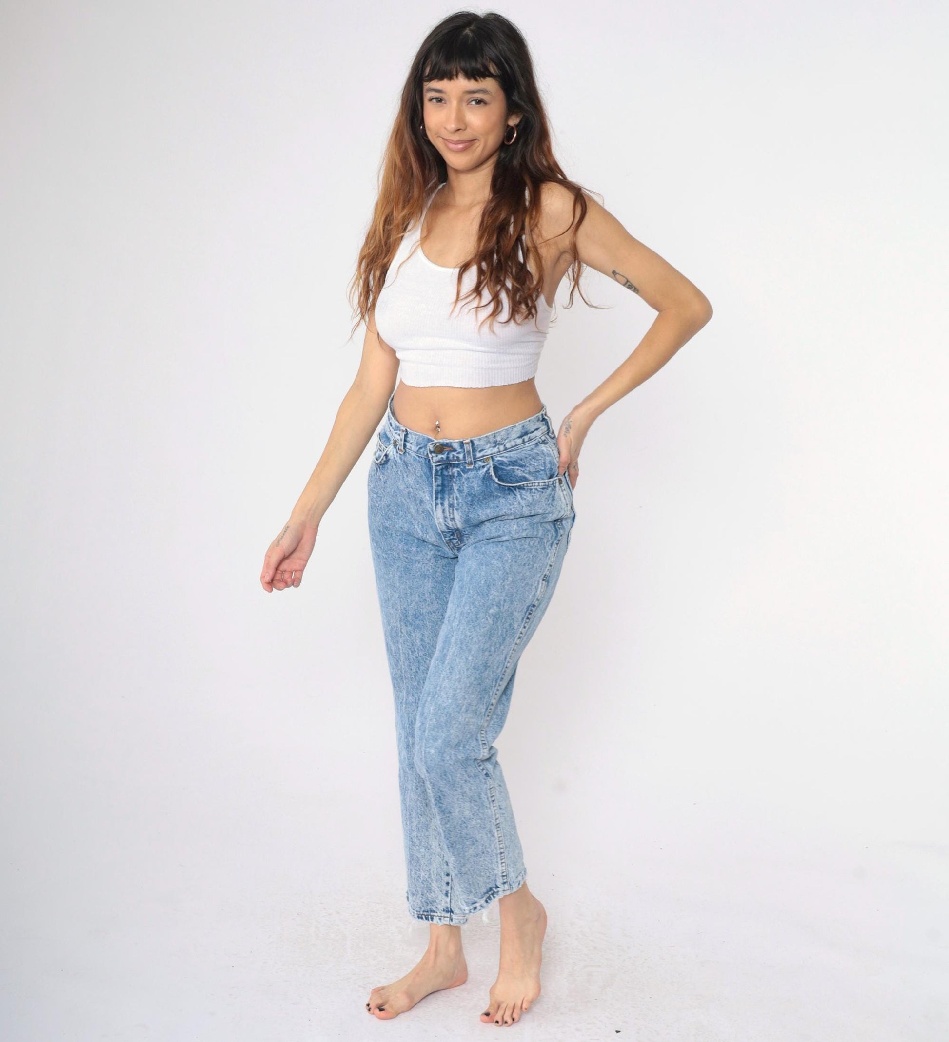 80s Acid Wash High Waist Tapered Jeans Chic Blue Denim Small