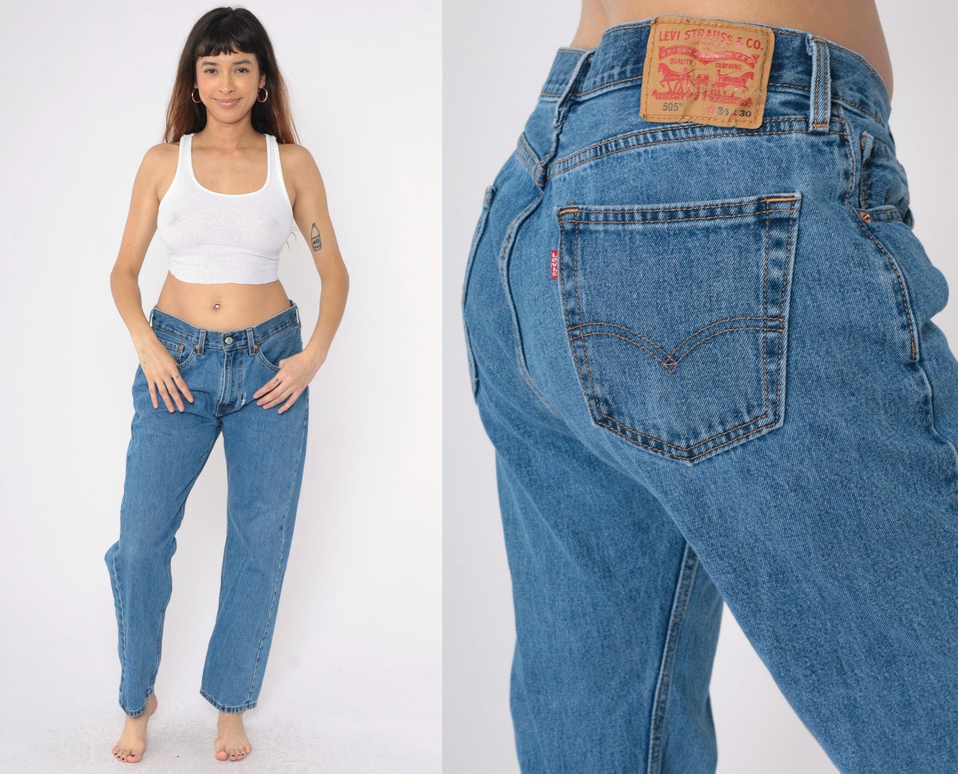 Y2K Levi's 505 Straight Leg Jeans Blue Denim High Rise Ripped 34x30