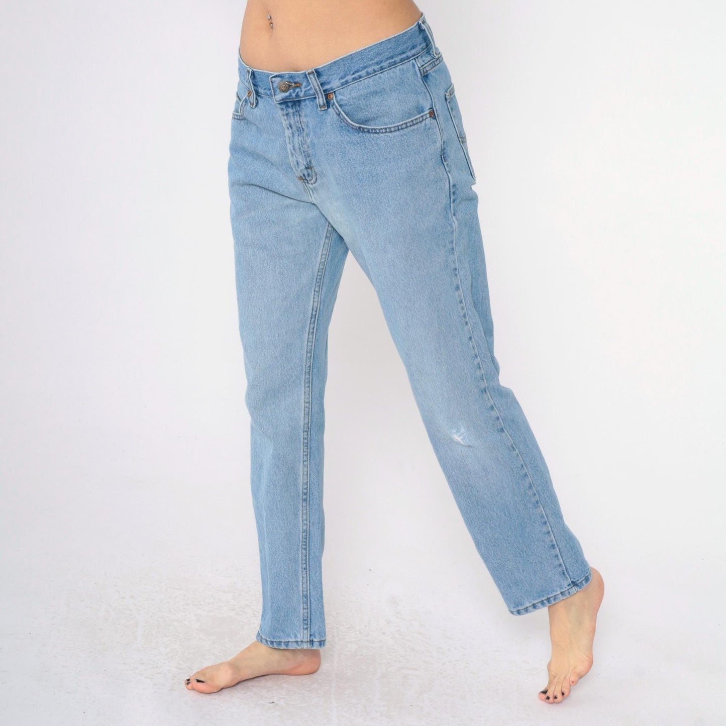 90s Lee Jeans Men's 33x30 High Waist Straight Leg Knee Rip Blue Denim