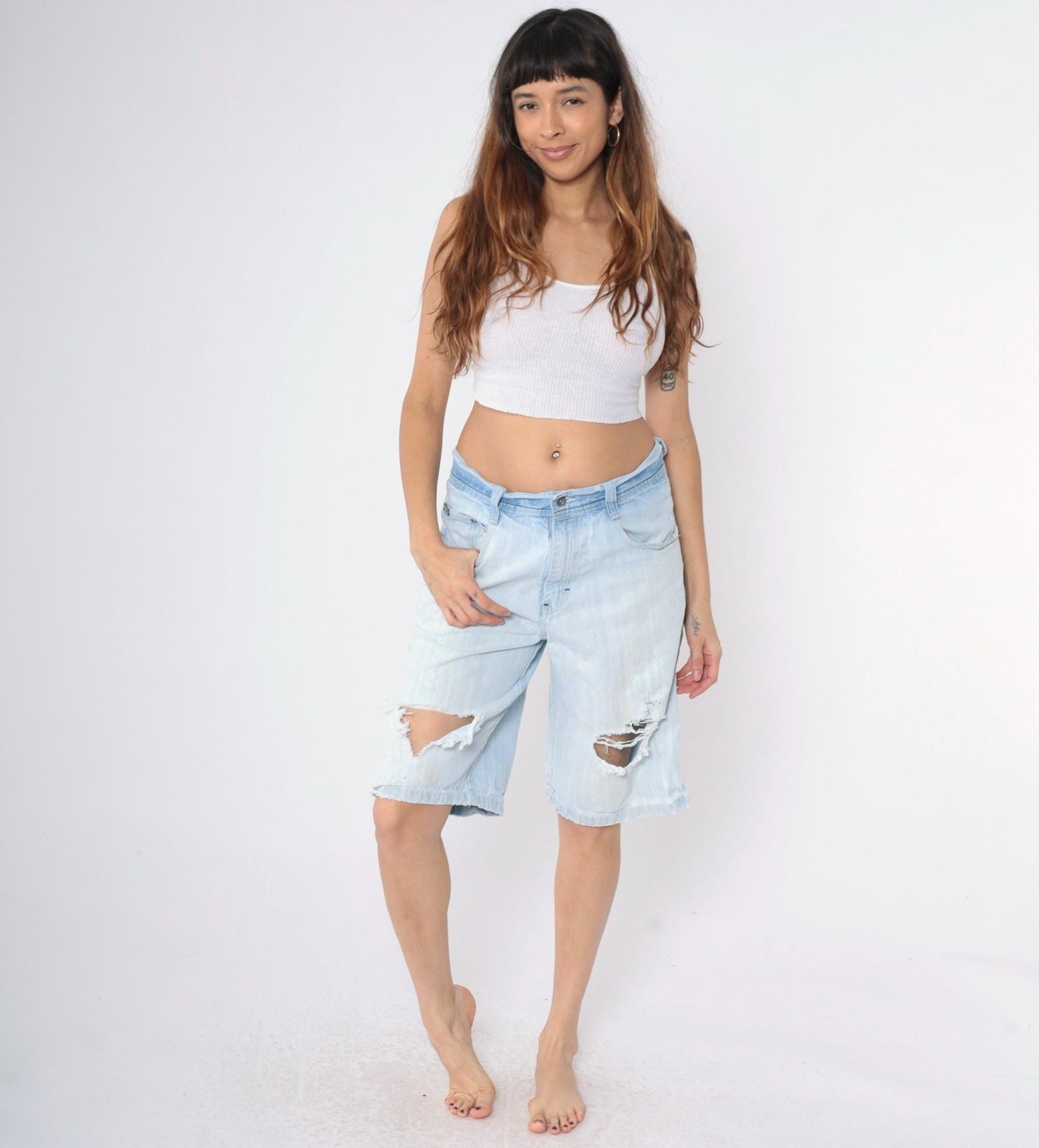 Y2K South Pole Denim Shorts Light Wash Ripped High Waist Knee Length 32