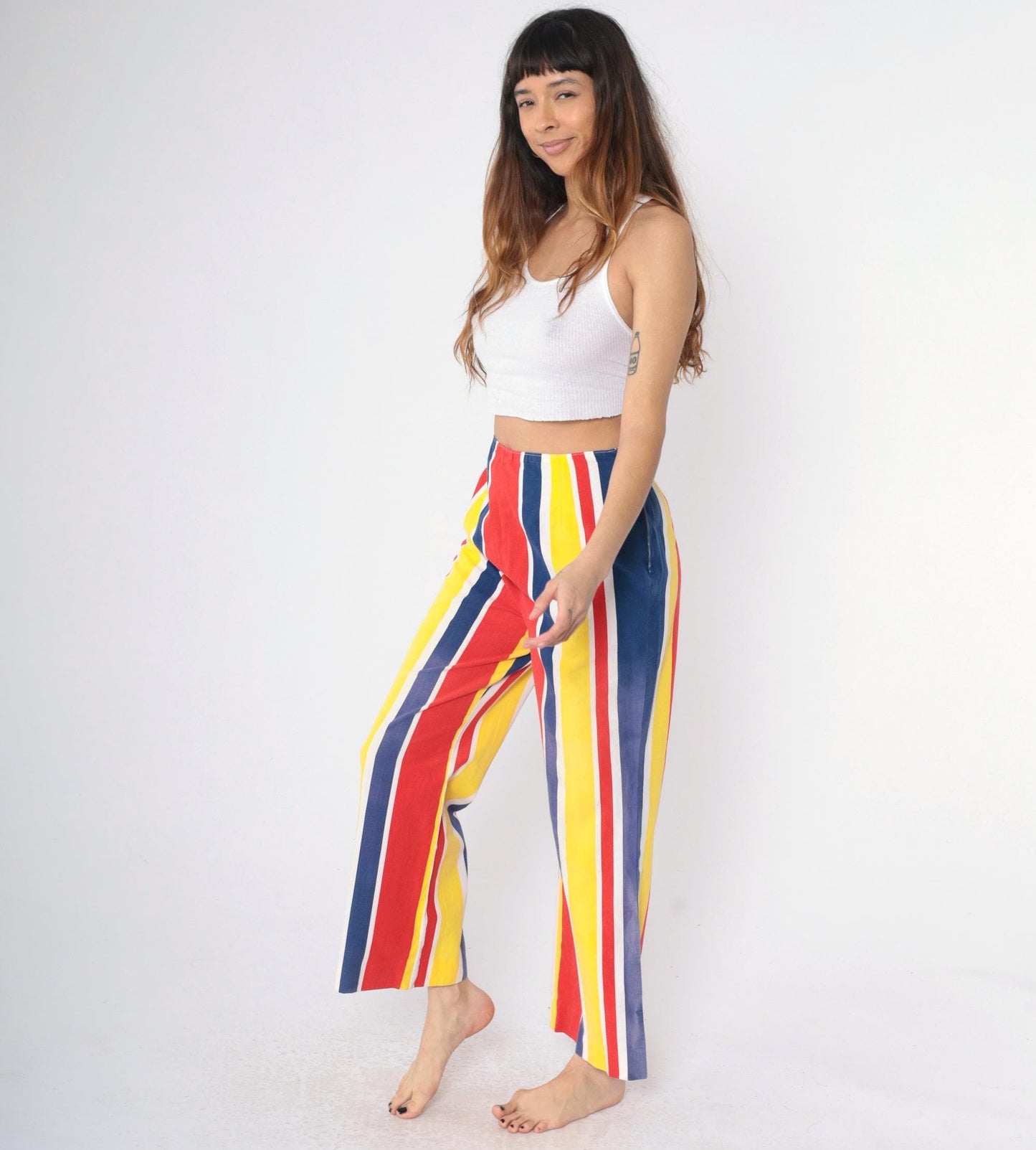 1960s Striped Bell Bottom Pants High Waist Yellow Red Blue Medium