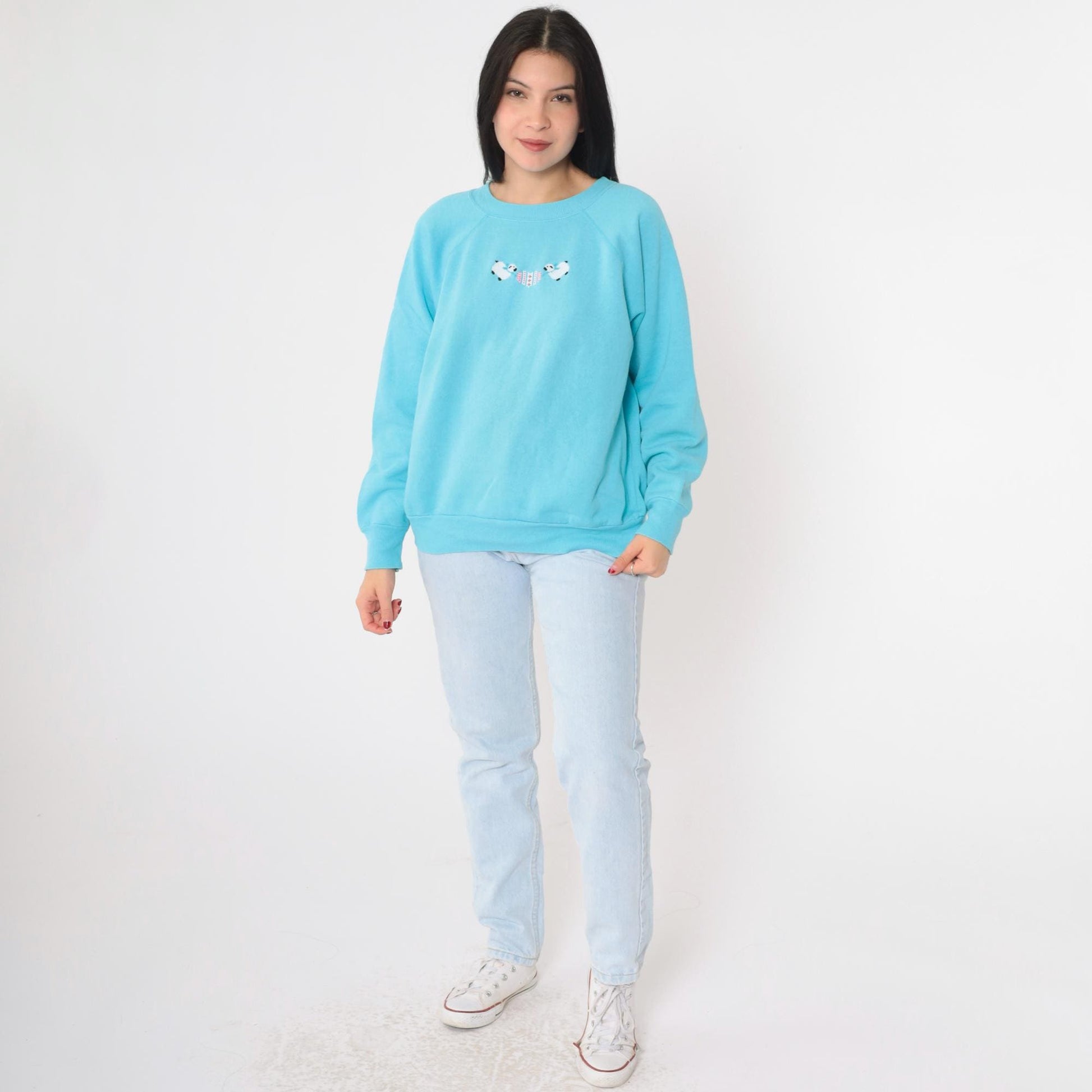 90s Blue Sheep Embroidered Sweatshirt Raglan Crewneck Medium Large
