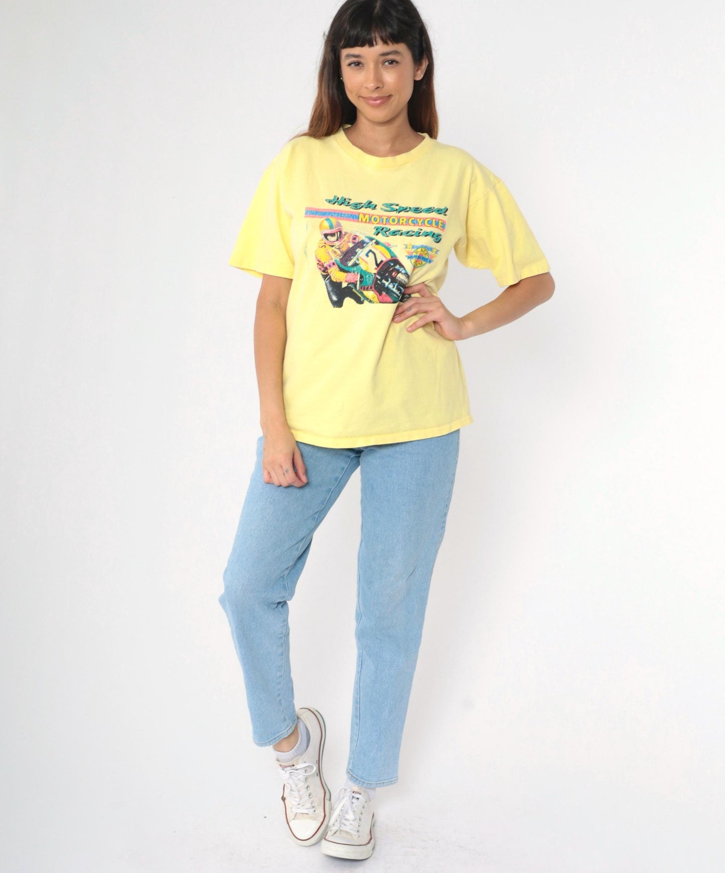 90s High Speed Motorcycle Racing Graphic T-Shirt Yellow Medium