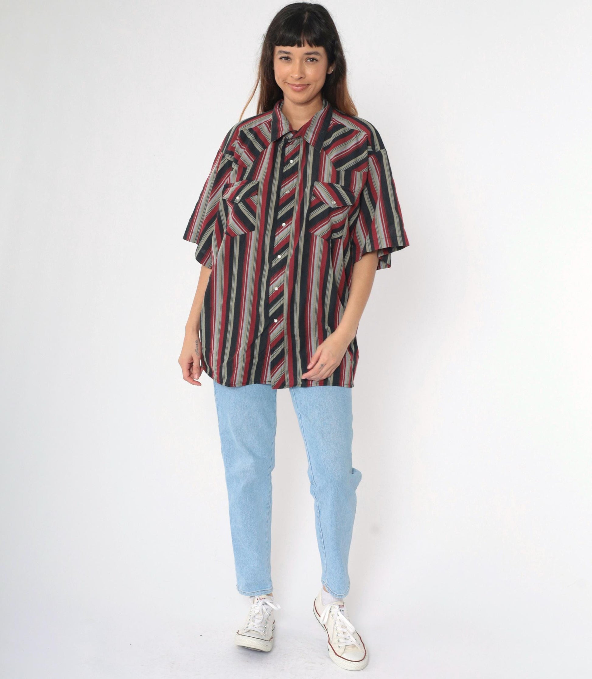90s Rustler by Wrangler Western Shirt Pearl Snap Red Grey Black Striped Plus Size 3XL