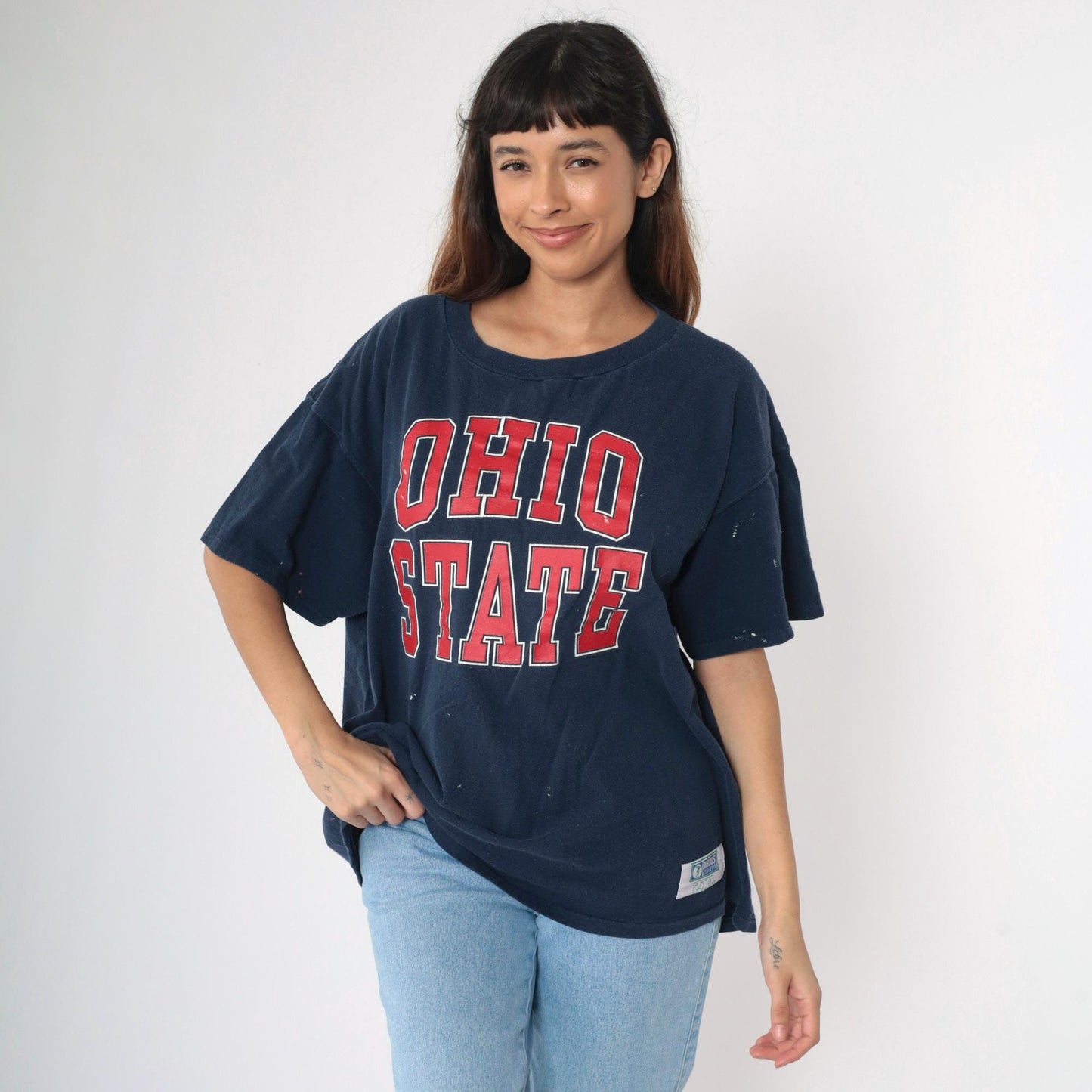 90s Ohio State Buckeyes Football Graphic T-Shirt Navy Distressed Cotton XXL