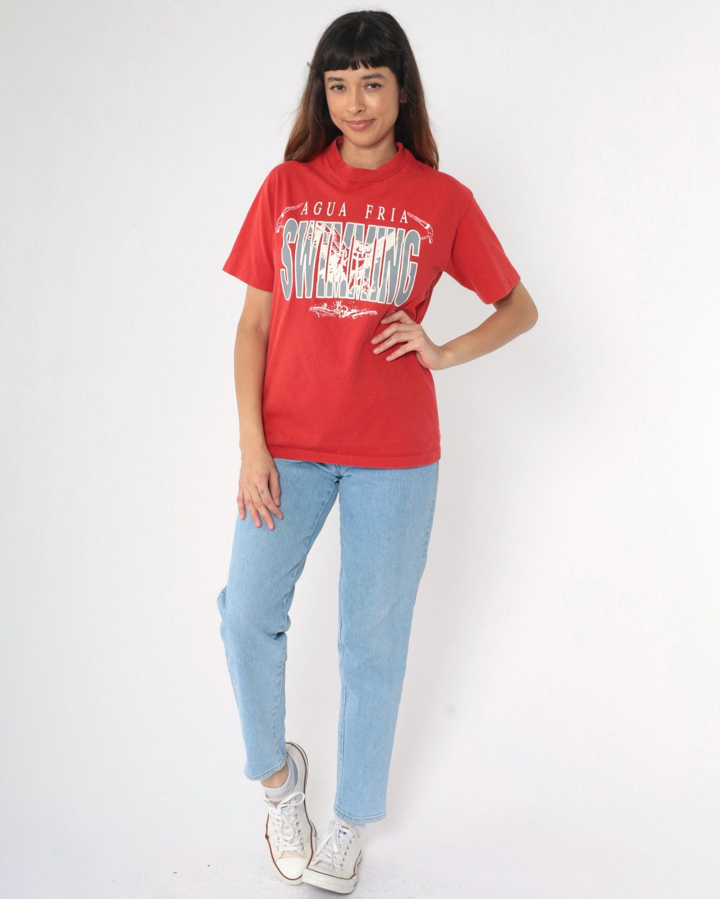 90s Agua Fria Swimming Owl Graphic T-Shirt Red Cotton Tee Medium M