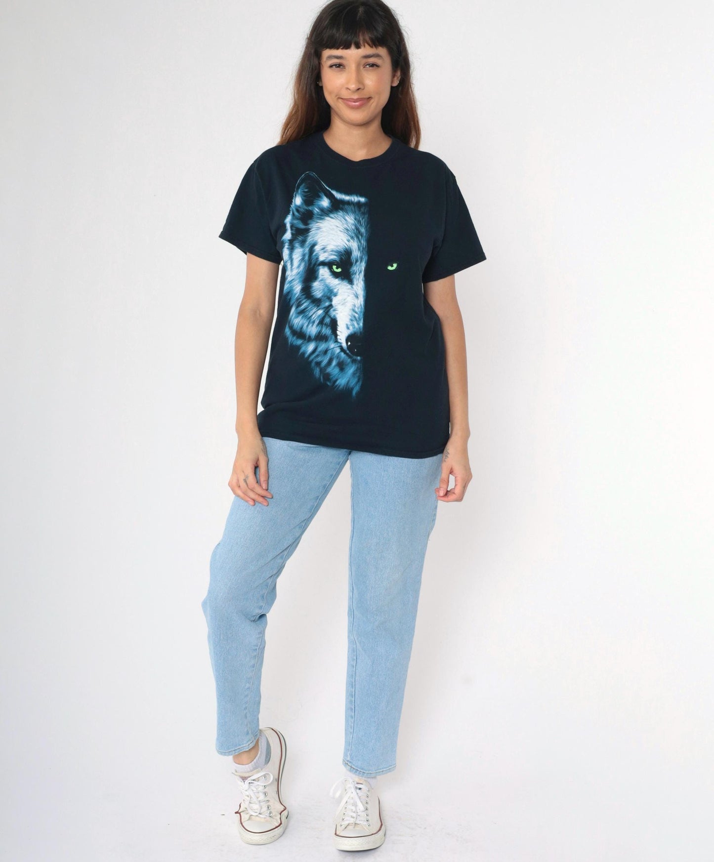 Y2K Wolf Face Graphic T-Shirt Black Cotton Crewneck Medium M