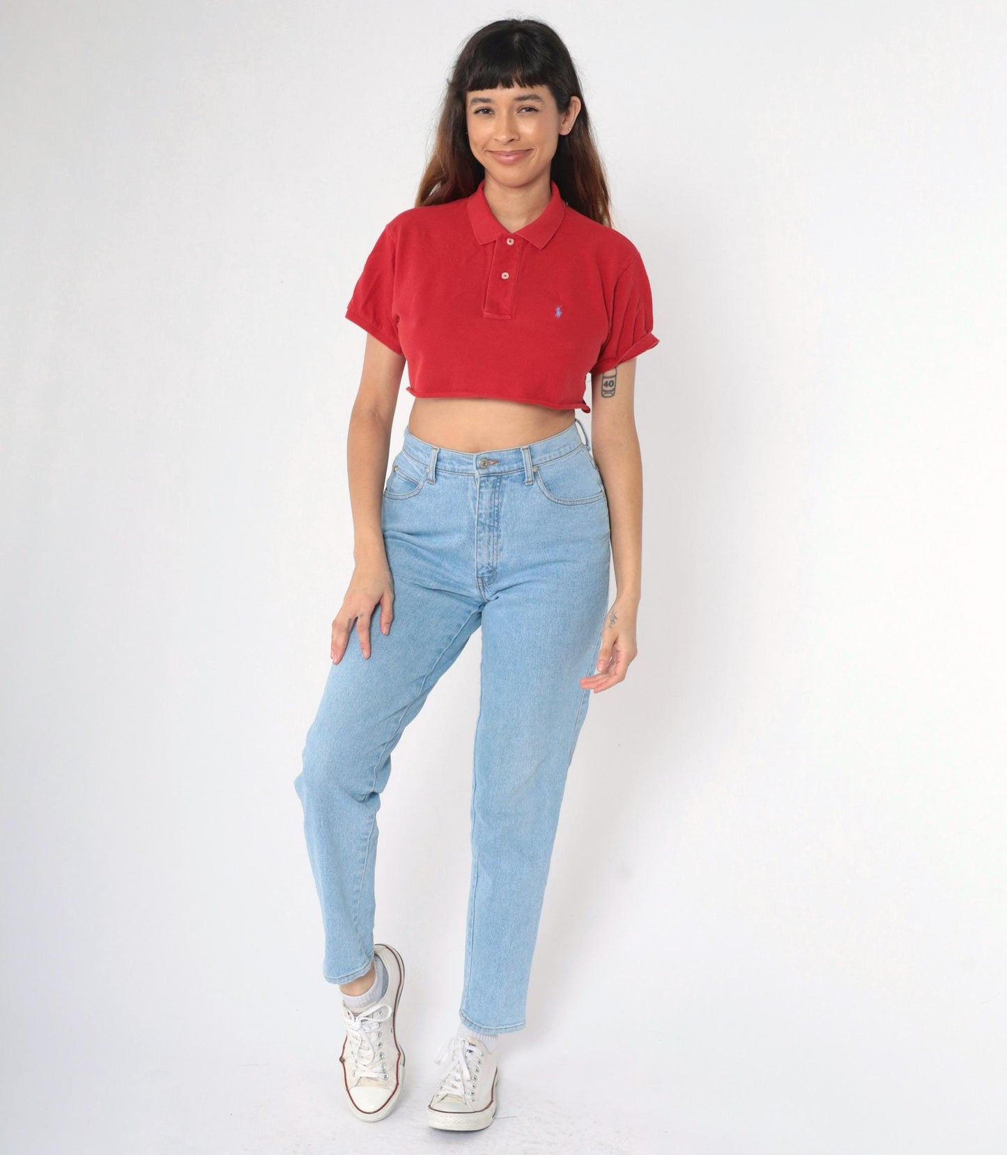 90s Ralph Lauren Crop Top Red Polo Shirt Raw Hem Medium M