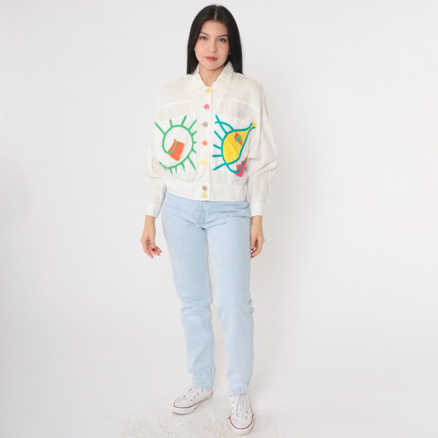 90s Ann Tian Kenar Linen Jacket Abstract Geometric Cropped Button-Up Medium Petite