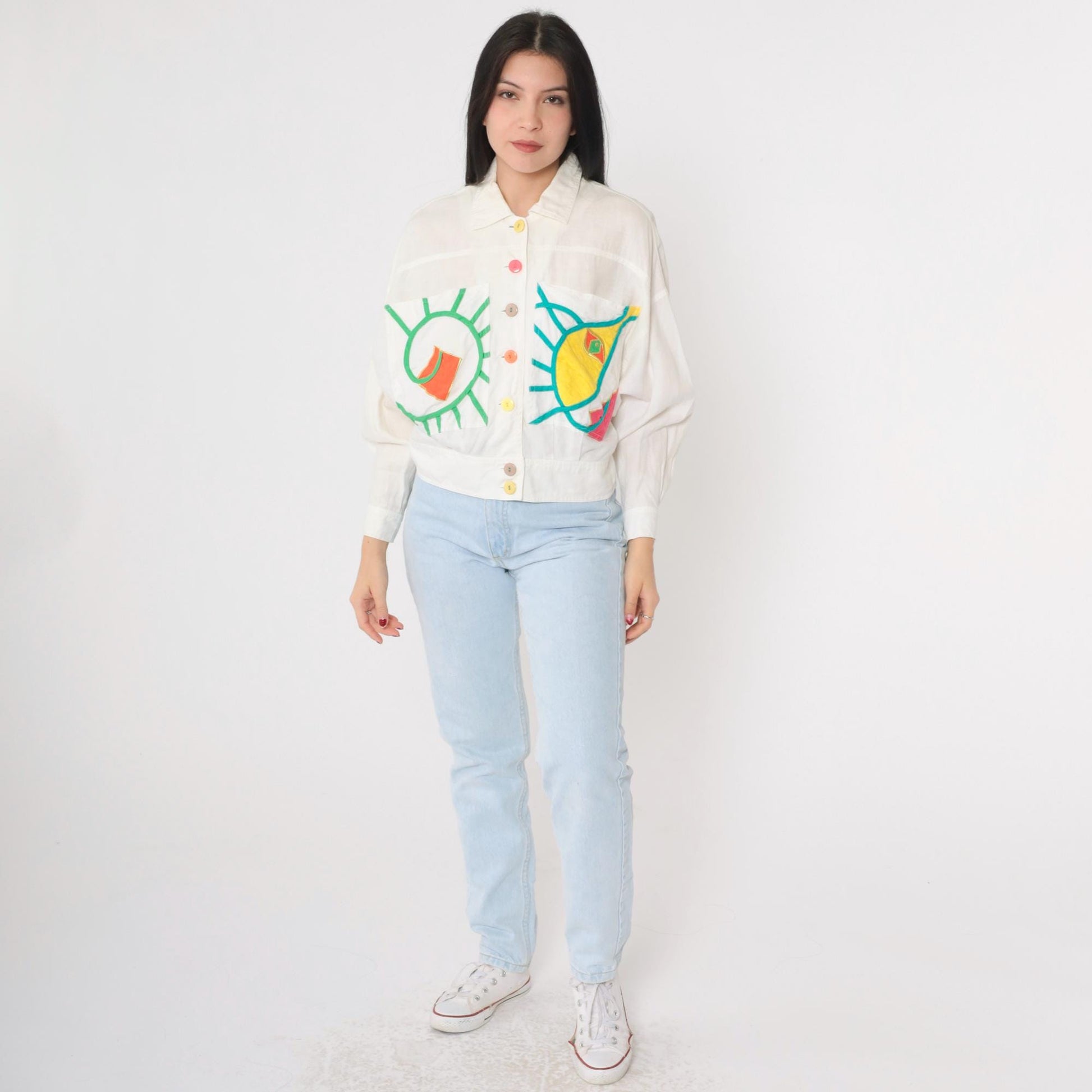 90s Ann Tian Kenar Linen Jacket Abstract Geometric Cropped Button-Up Medium Petite
