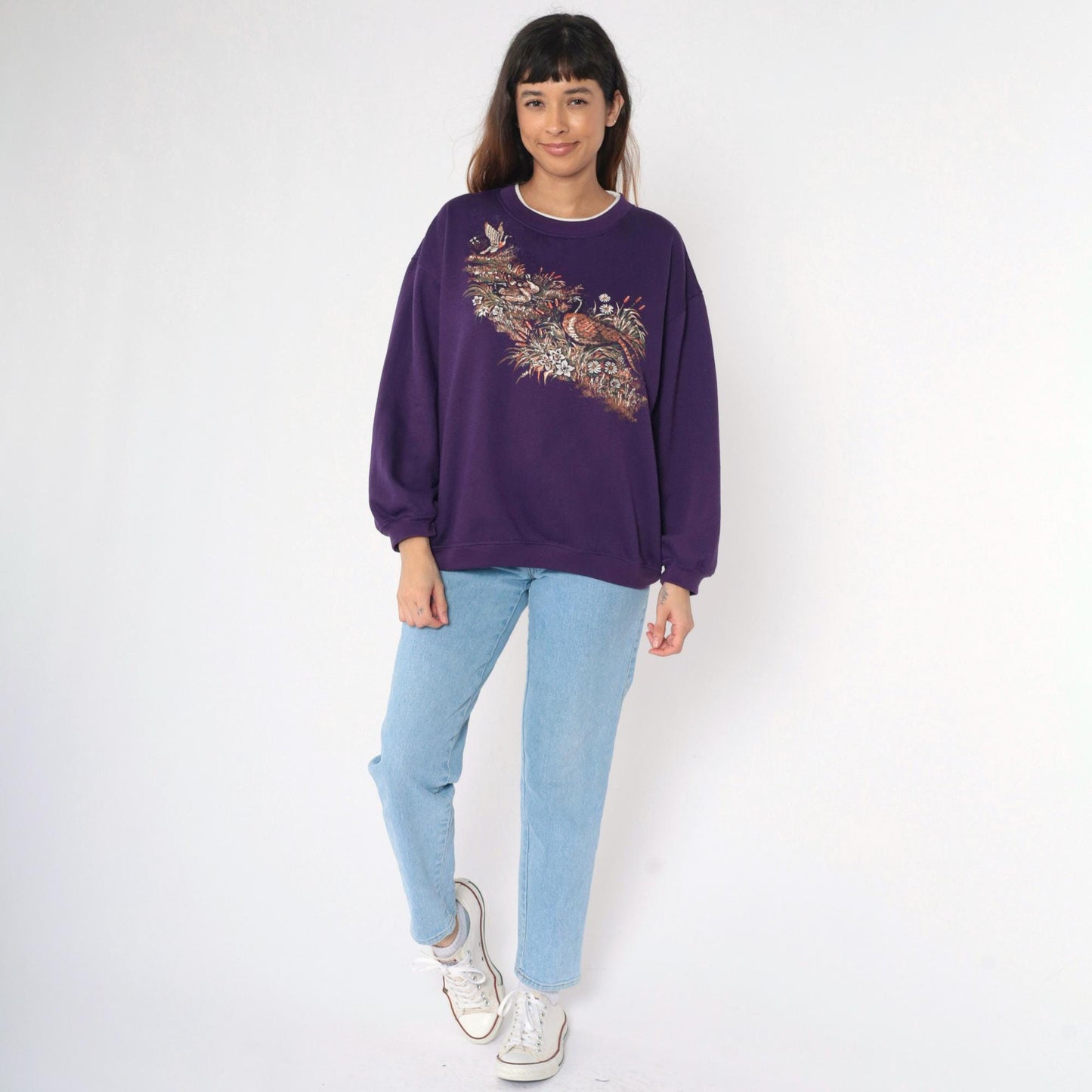 90s Duck Pheasant Waterfowl Graphic Sweatshirt Blue Crewneck Large