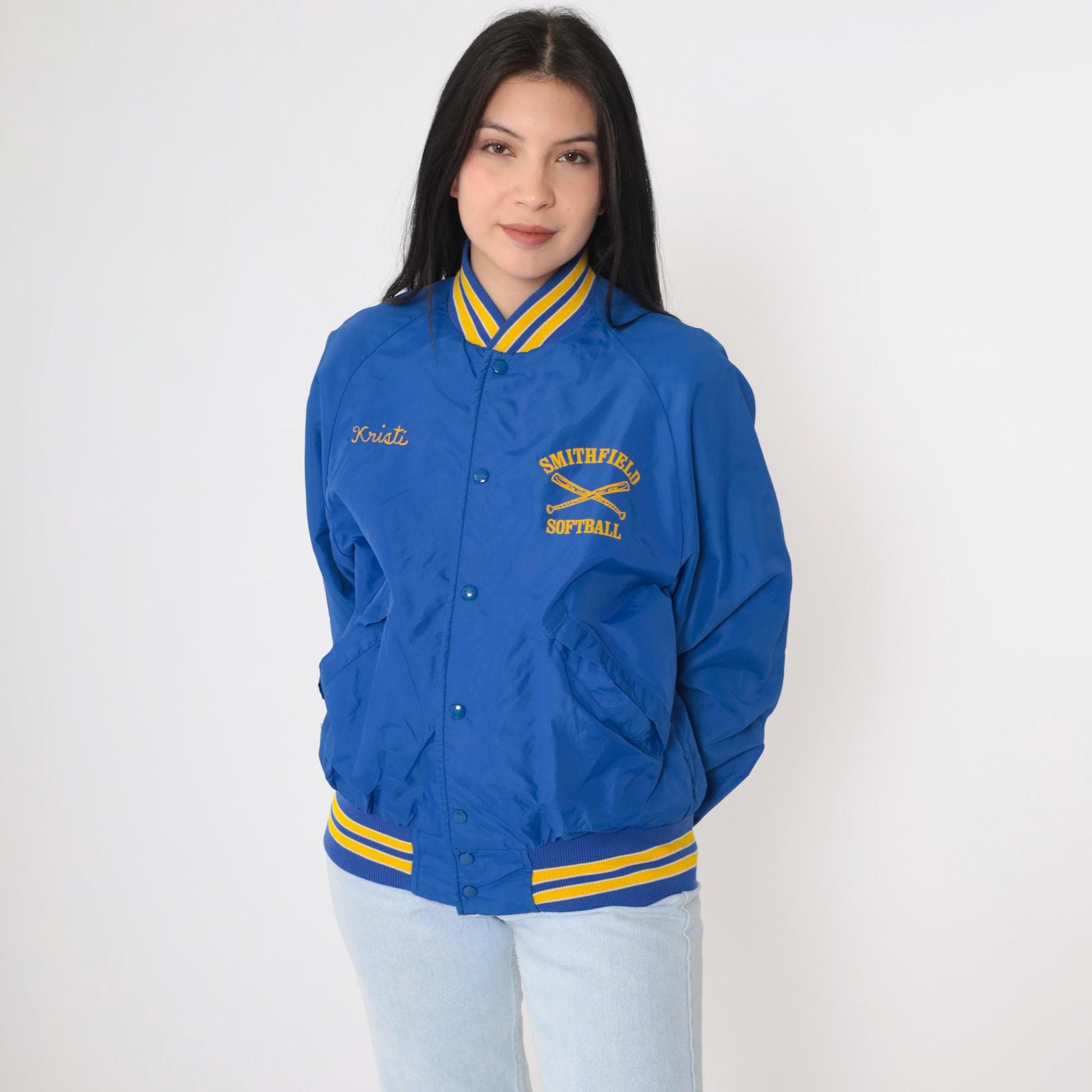 80s Smithfield Softball Bomber Jacket Blue Nylon Snap Kristi Medium