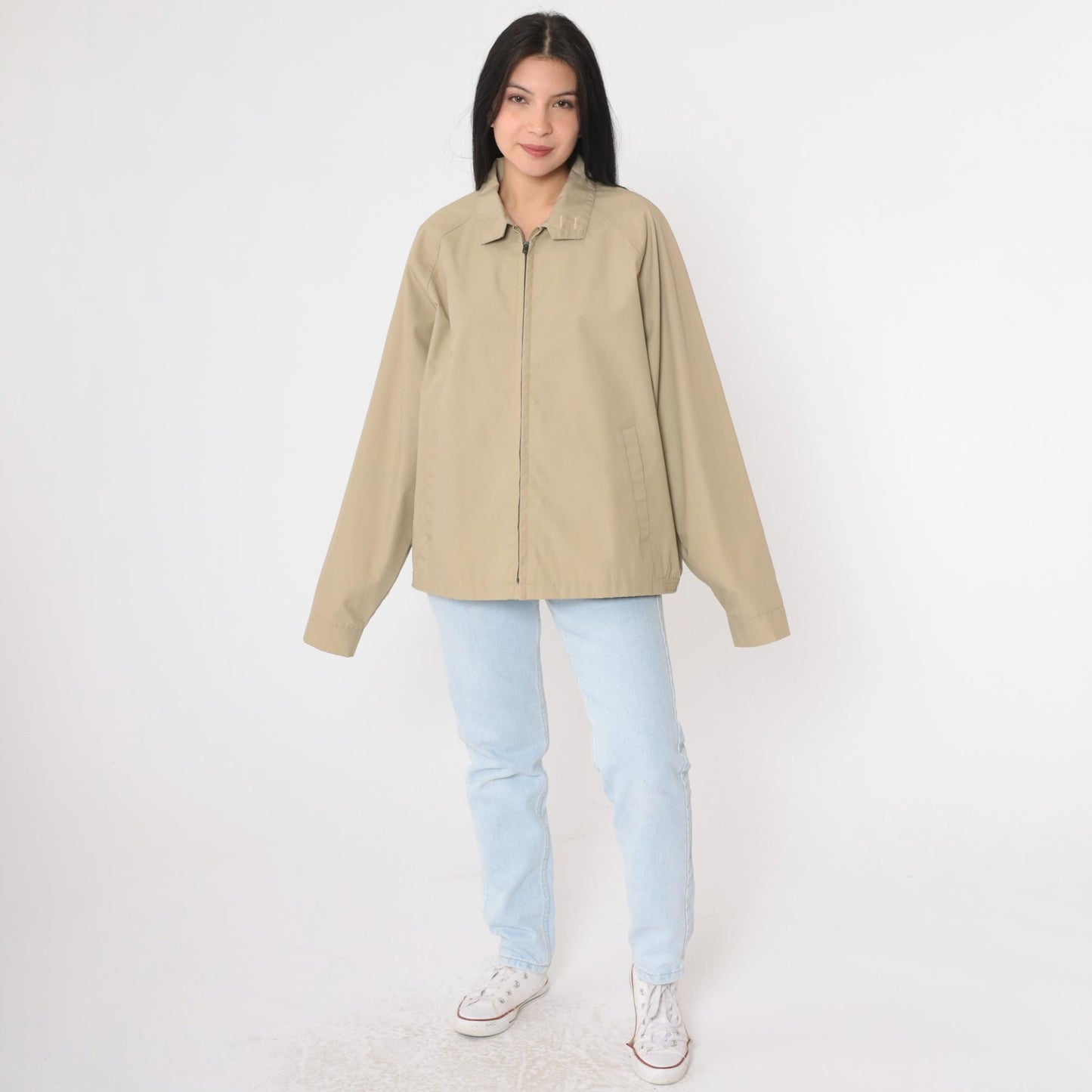 80s Khaki Windbreaker Jacket Zip Up Raglan Sleeve Men's Extra Large XL