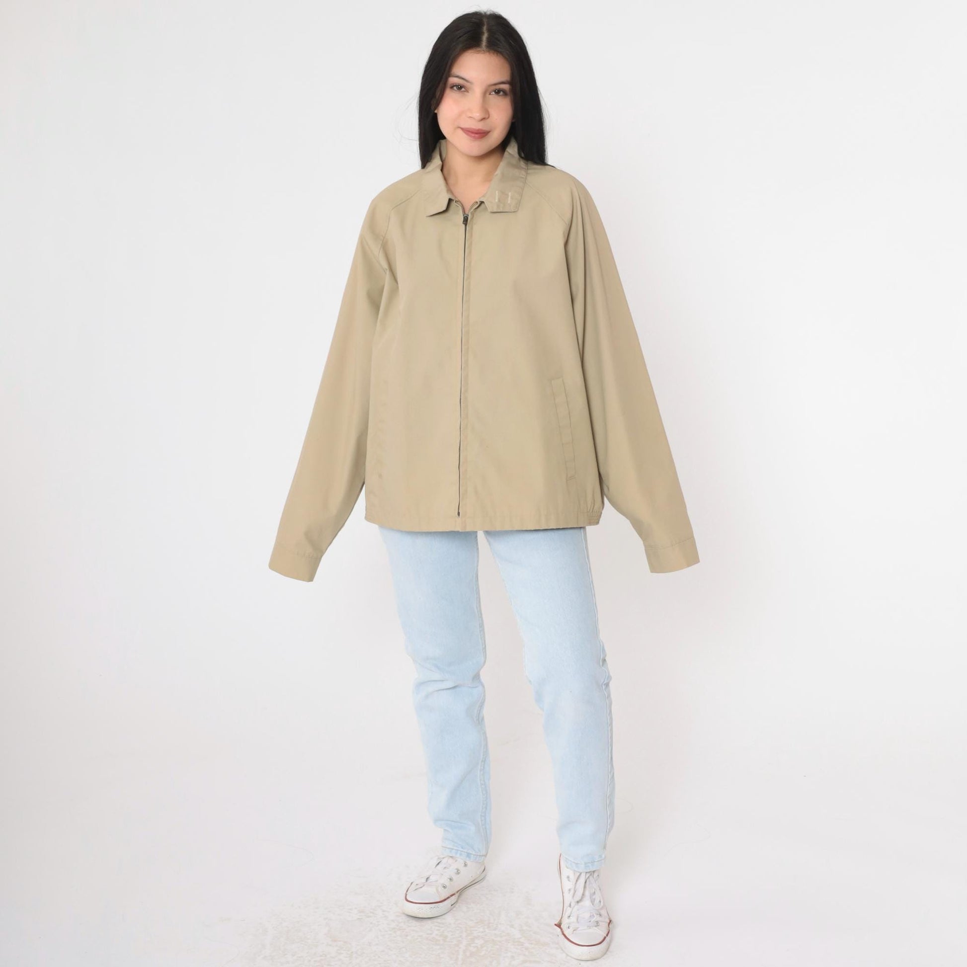 80s Khaki Windbreaker Jacket Zip Up Raglan Sleeve Men's Extra Large XL