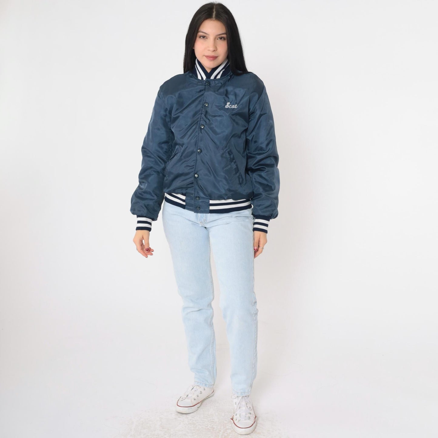 80s Bethel Pop Warner Football Bomber Jacket Dark Blue Small S