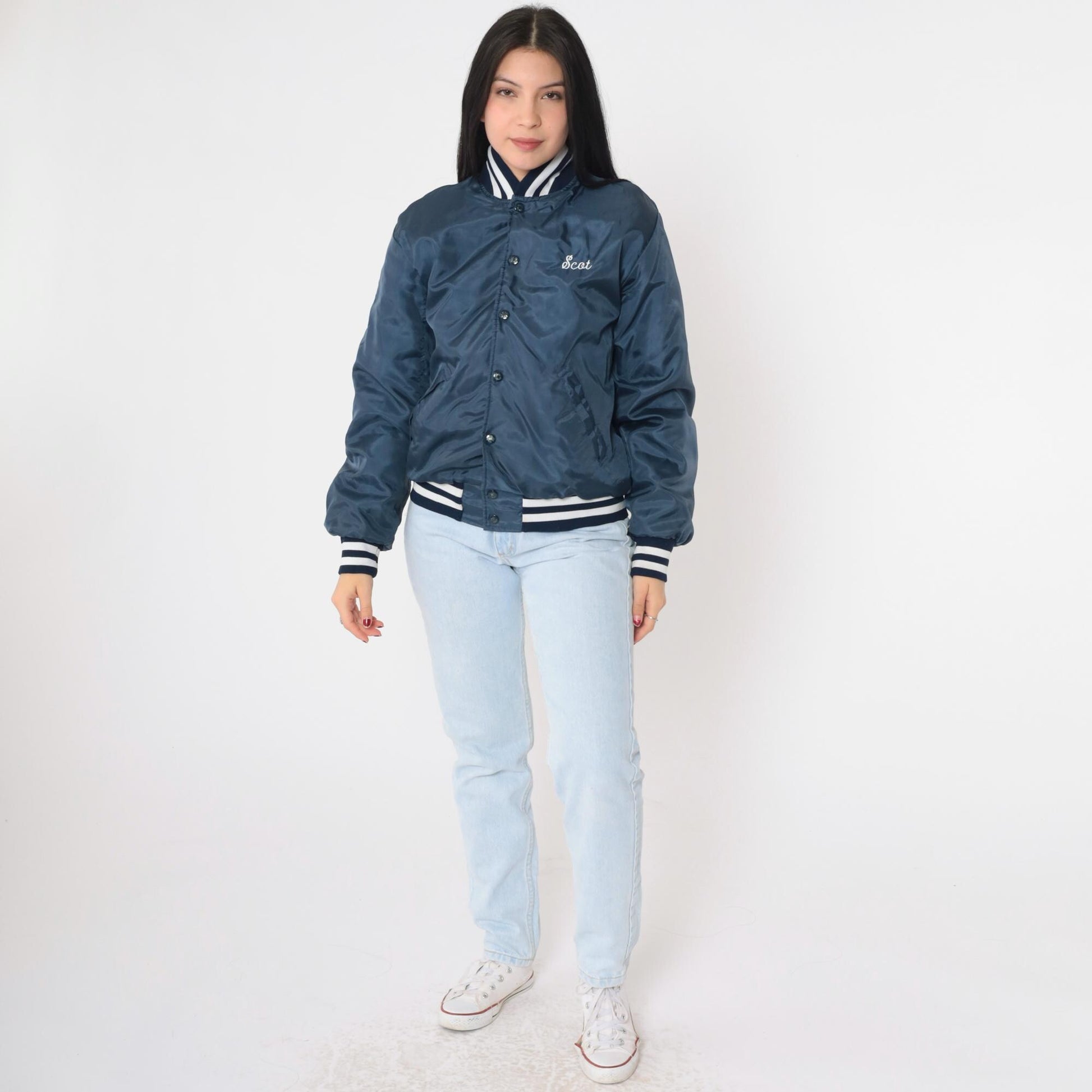 80s Bethel Pop Warner Football Bomber Jacket Dark Blue Small S