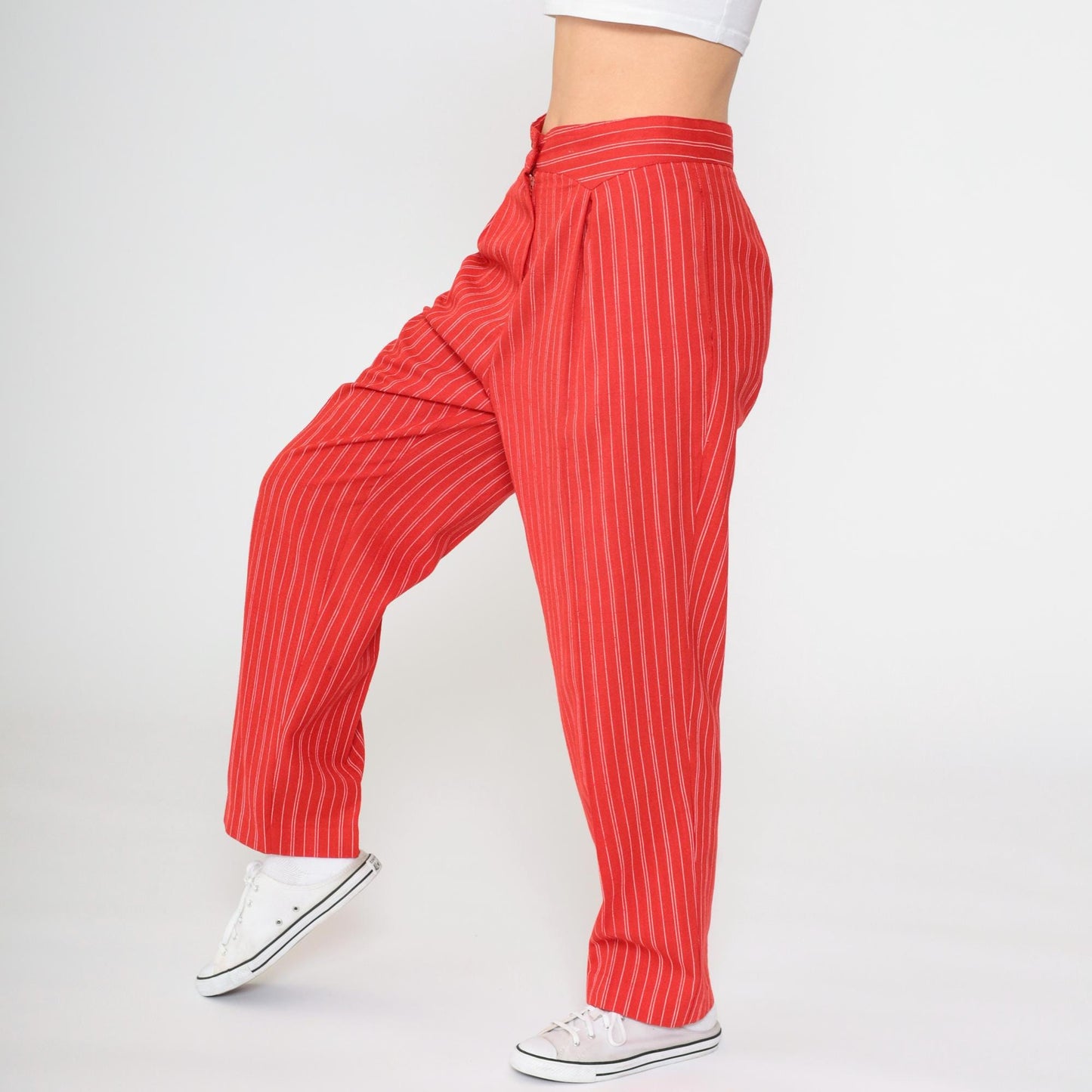 80s Red Pinstripe Pleated High-Waisted Trousers Tapered Leg Small