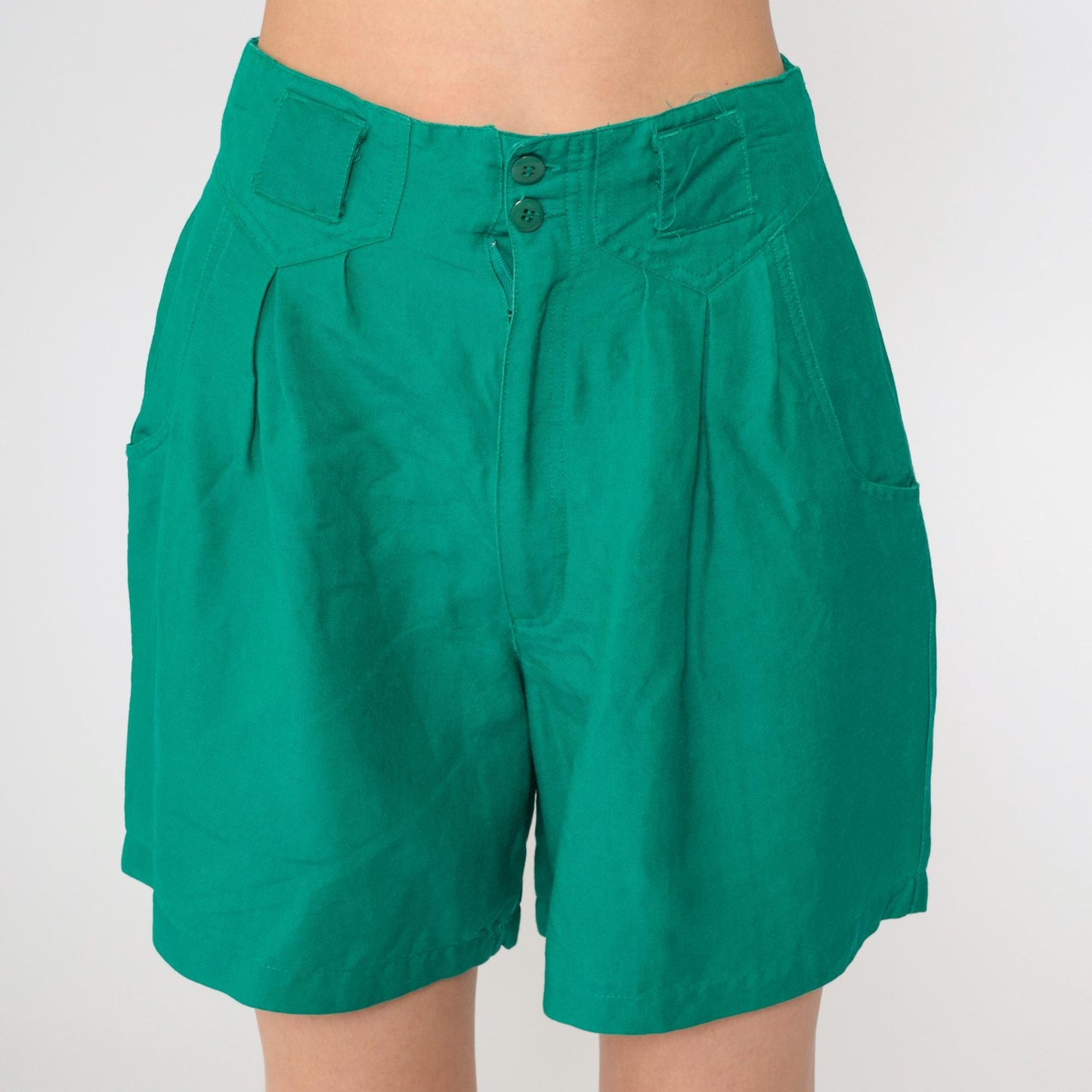 90s Green Pleated High-Waist Shorts Cotton Preppy Small