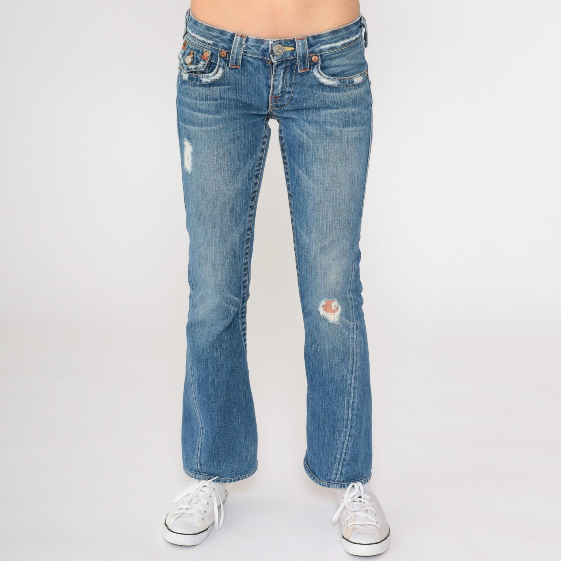 Y2K True Religion Distressed Low Rise Bootcut Jeans Blue Denim Extra Small